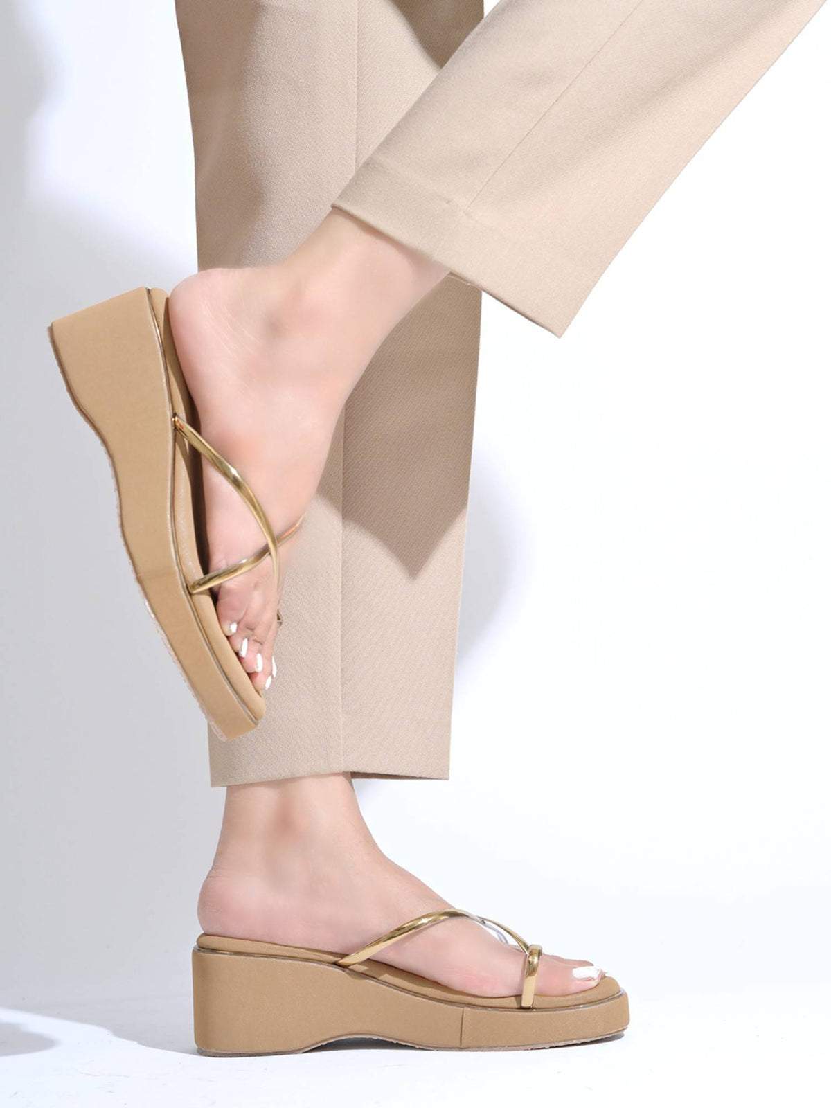 Women Brown Metallic Strap Wedges Heels | H78 - view 6