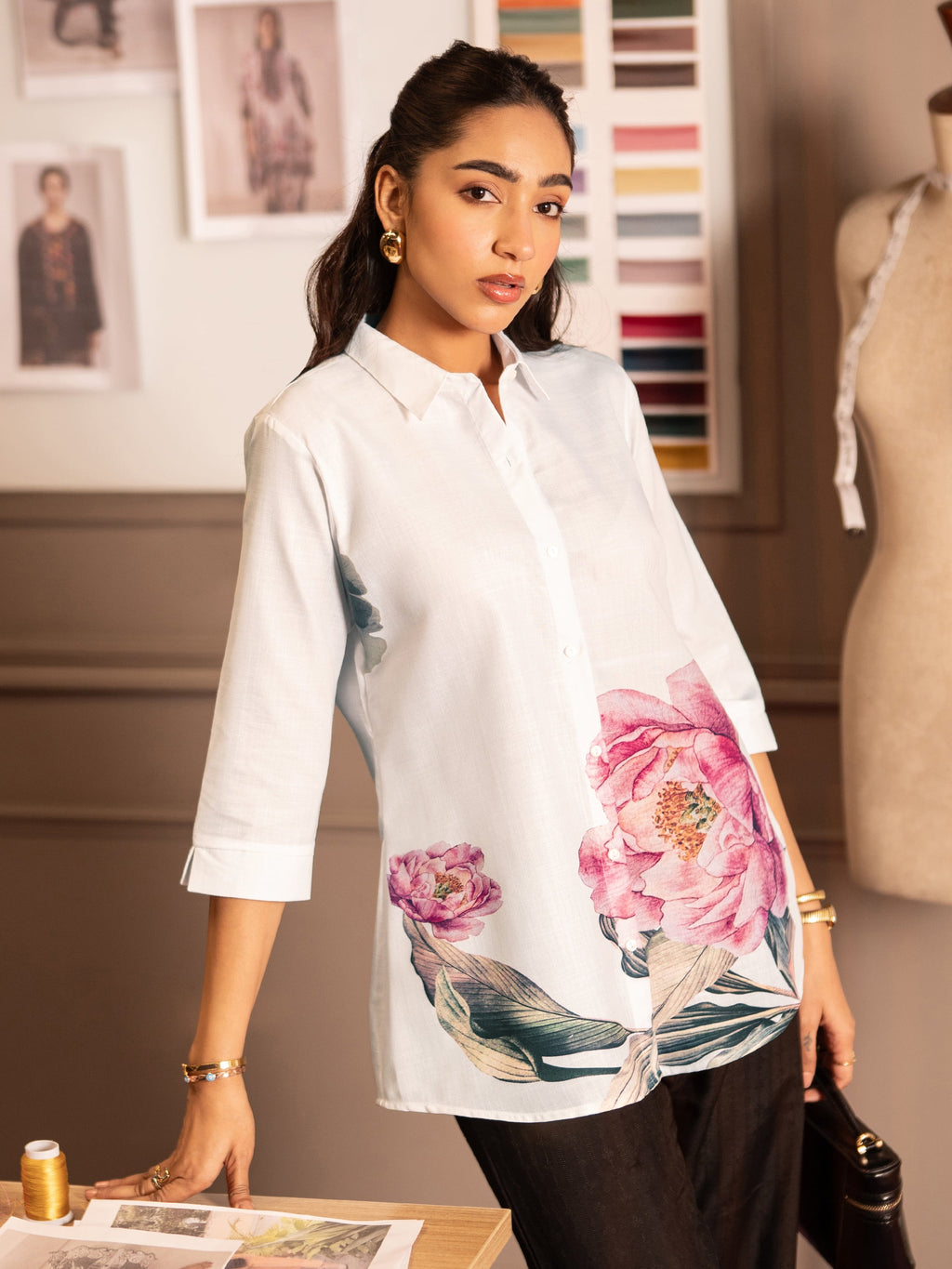 Libas White Printed Cotton Blend Shirt