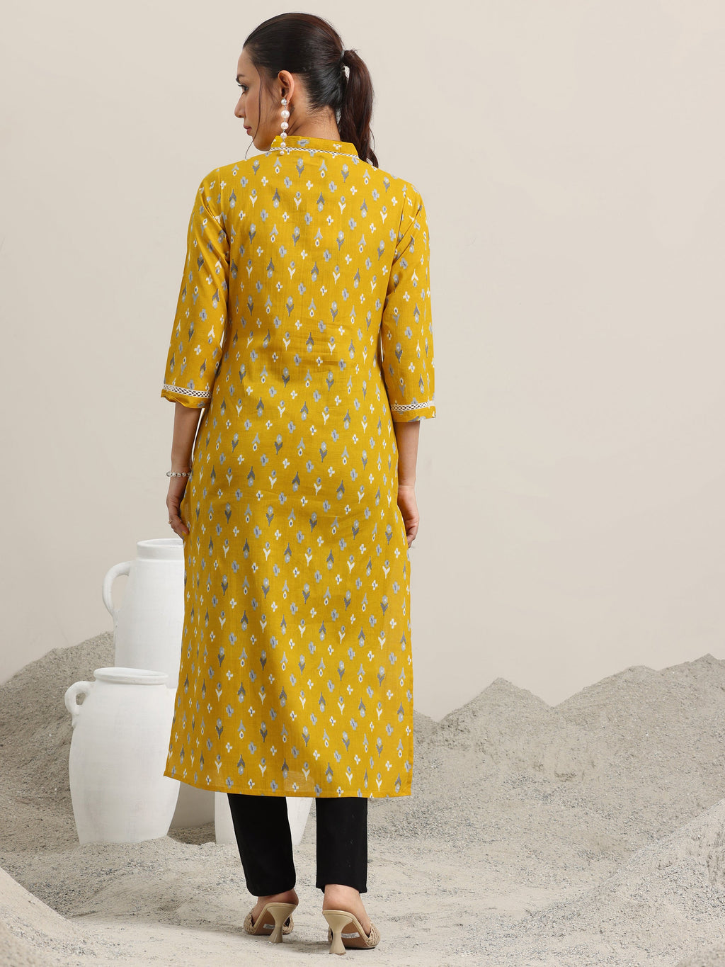 Libas Yellow Printed Cotton Straight Kurta