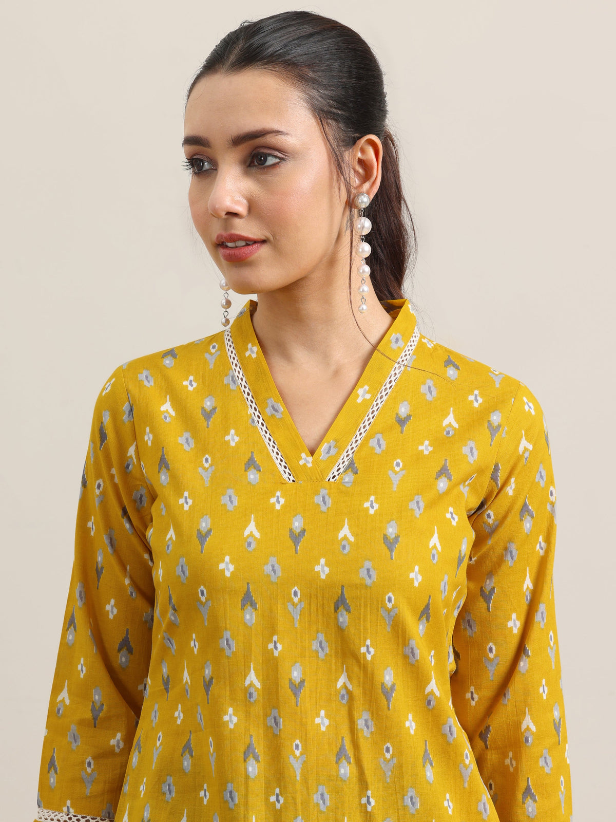 Libas Yellow Printed Cotton Straight Kurta