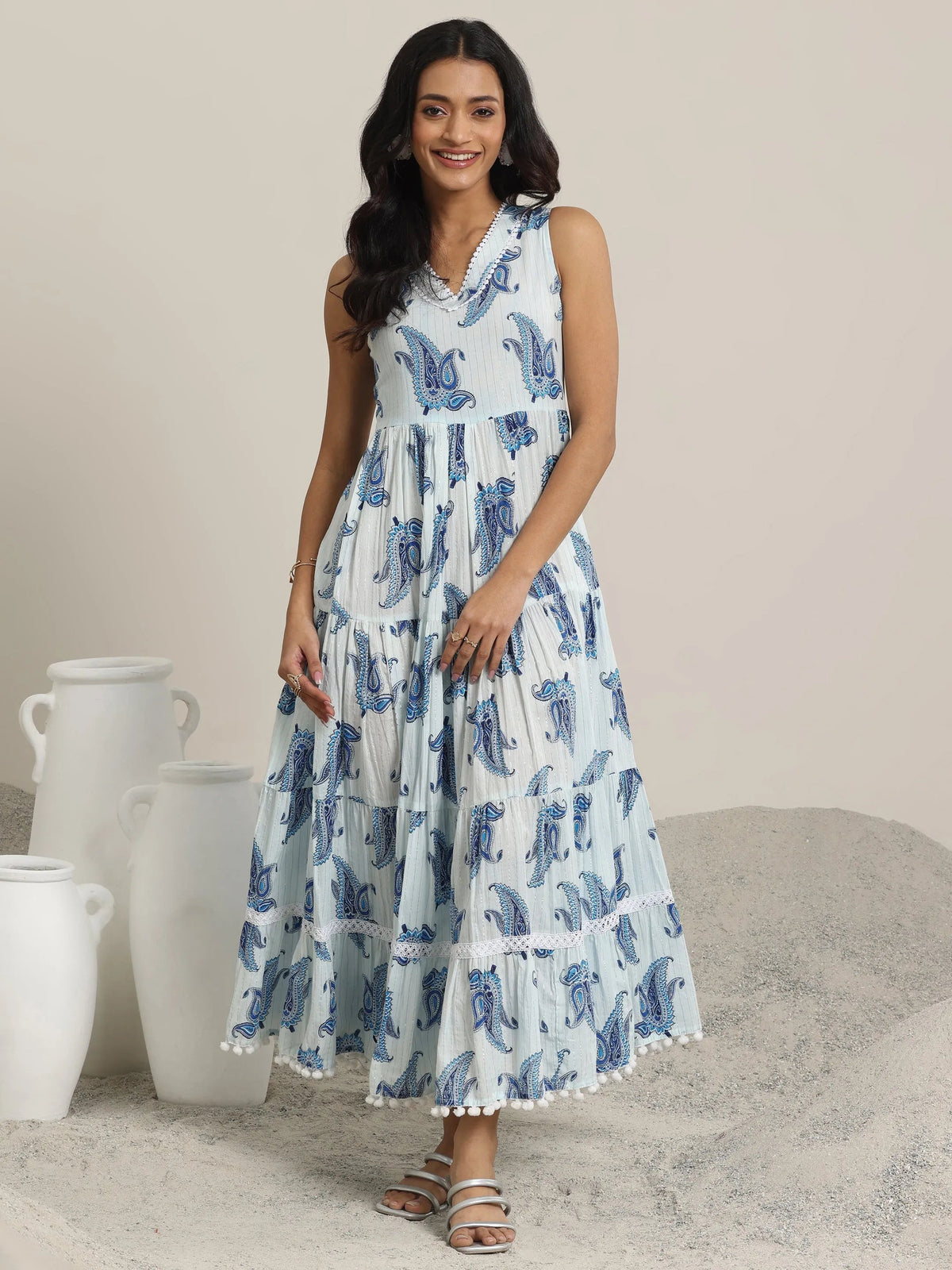 Libas White Printed Cotton Fit and Flare One Piece Dress