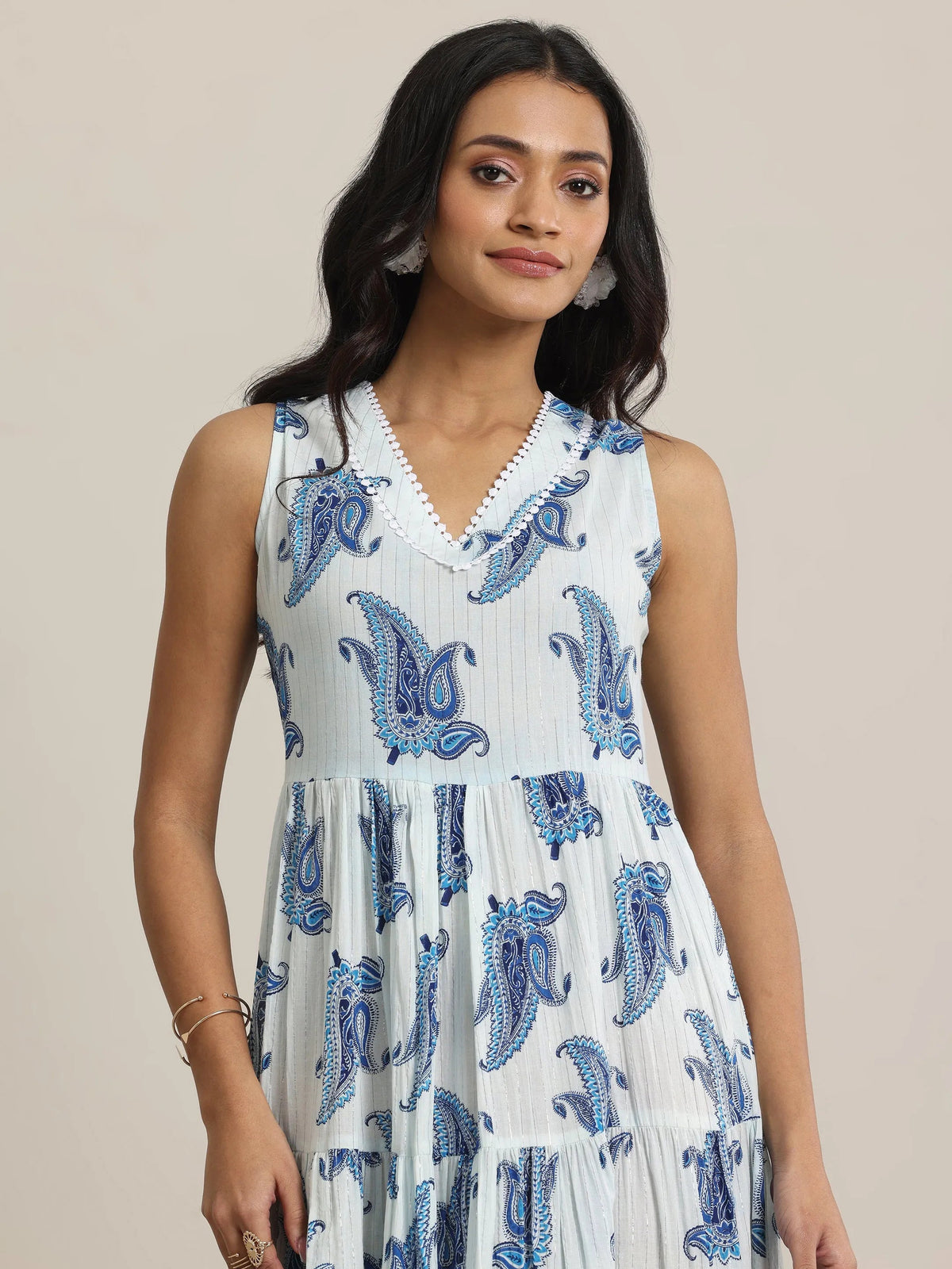 Libas White Printed Cotton Fit and Flare One Piece Dress