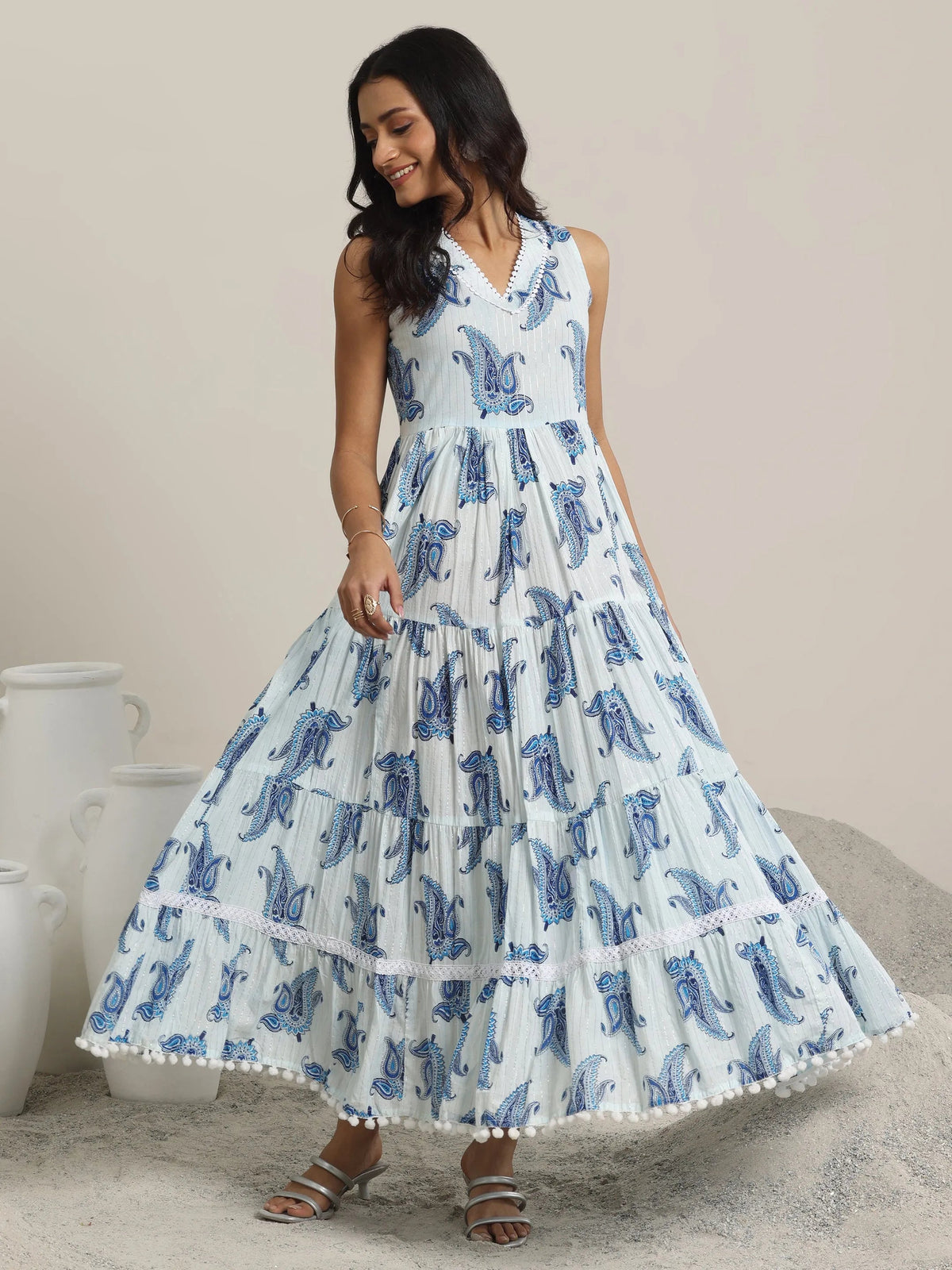 Libas White Printed Cotton Fit and Flare One Piece Dress
