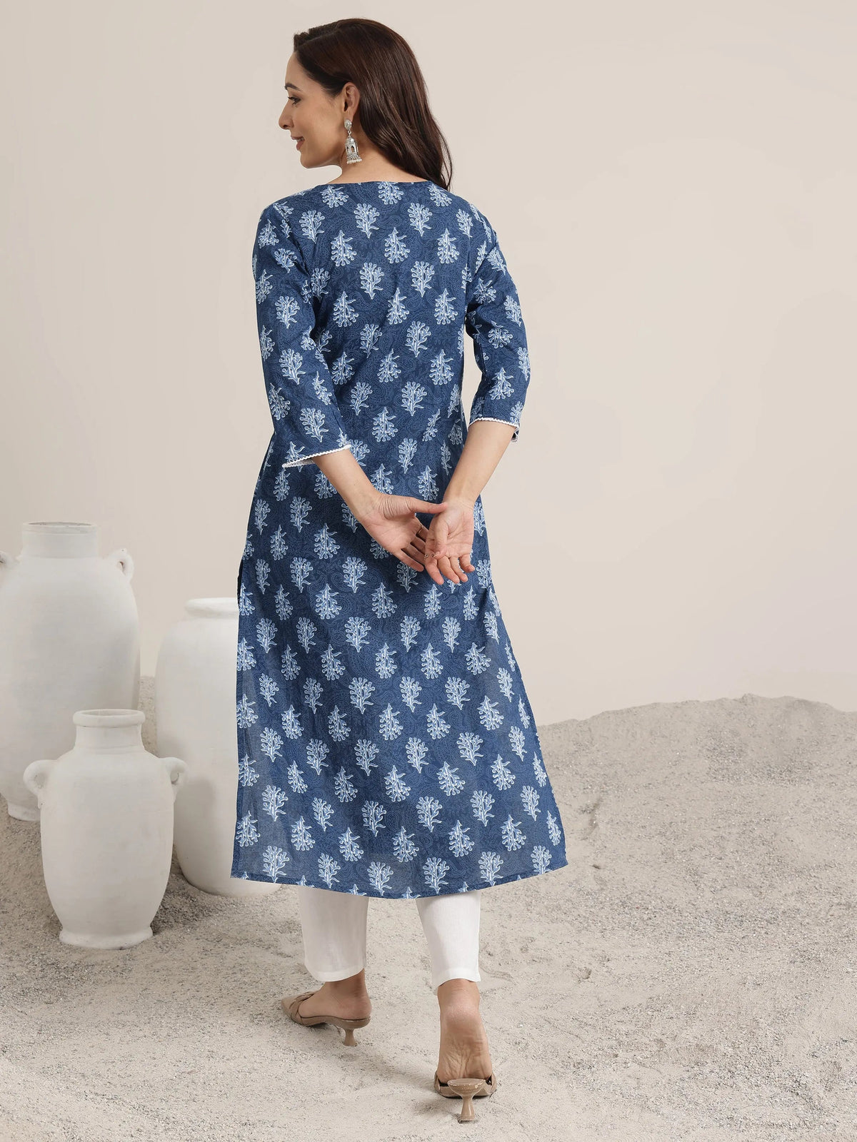 Libas Blue Printed Cotton Straight Kurta