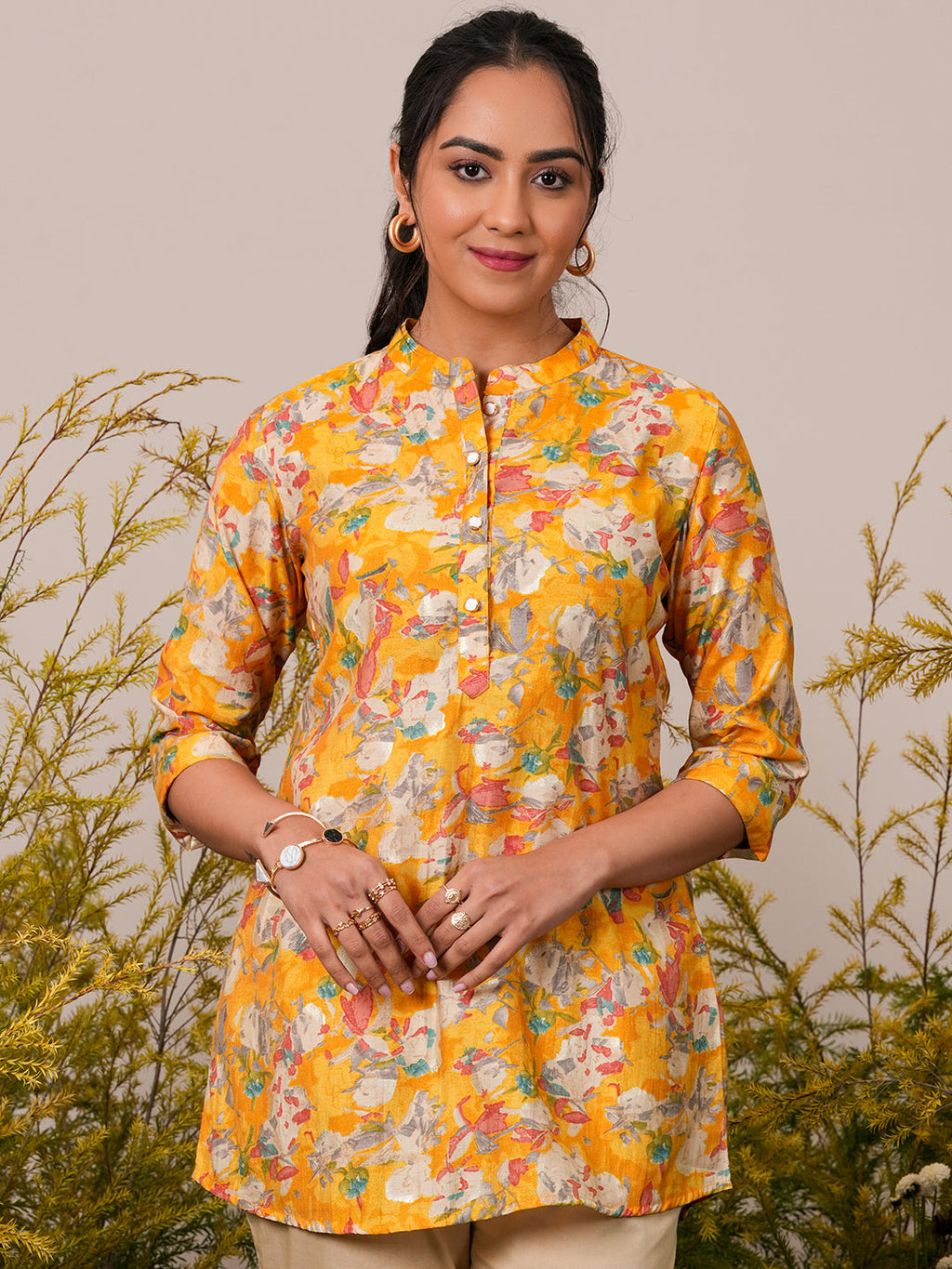 Libas Yellow Printed Silk Blend A-Line Kurti P23