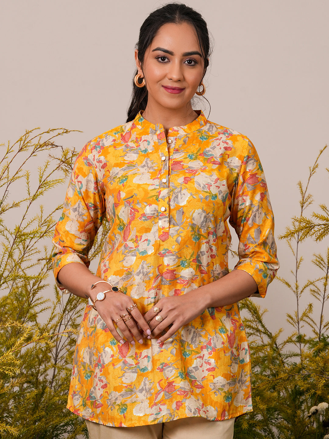 Libas Yellow Printed Silk Blend A-Line Kurti P23