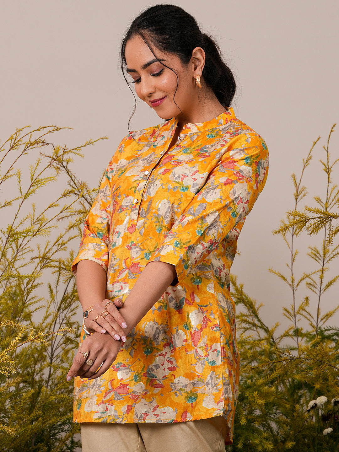 Libas Yellow Printed Silk Blend A-Line Kurti P23