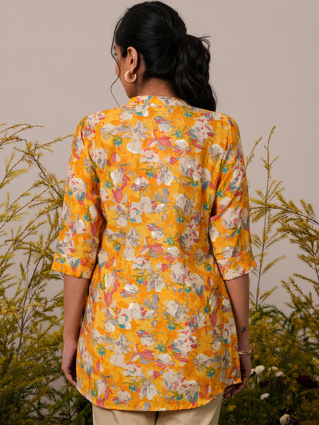 Libas Yellow Printed Silk Blend A-Line Kurti P23