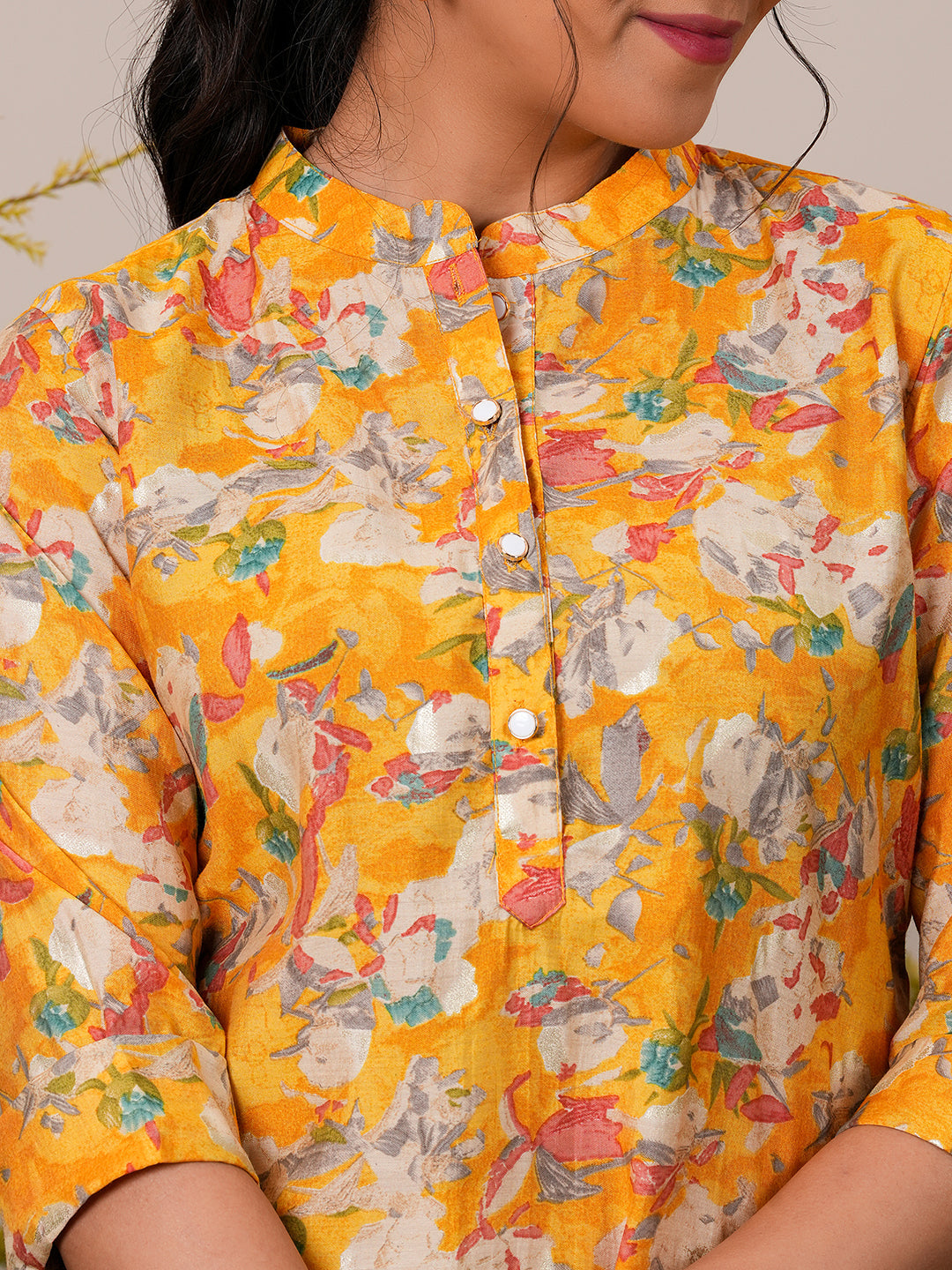 Libas Yellow Printed Silk Blend A-Line Kurti P23