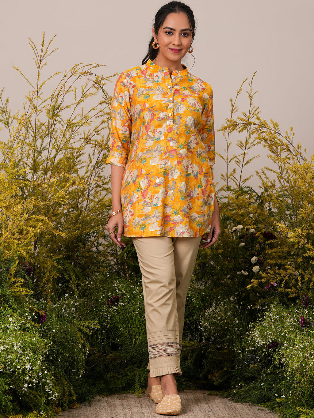 Libas Yellow Printed Silk Blend A-Line Kurti P23