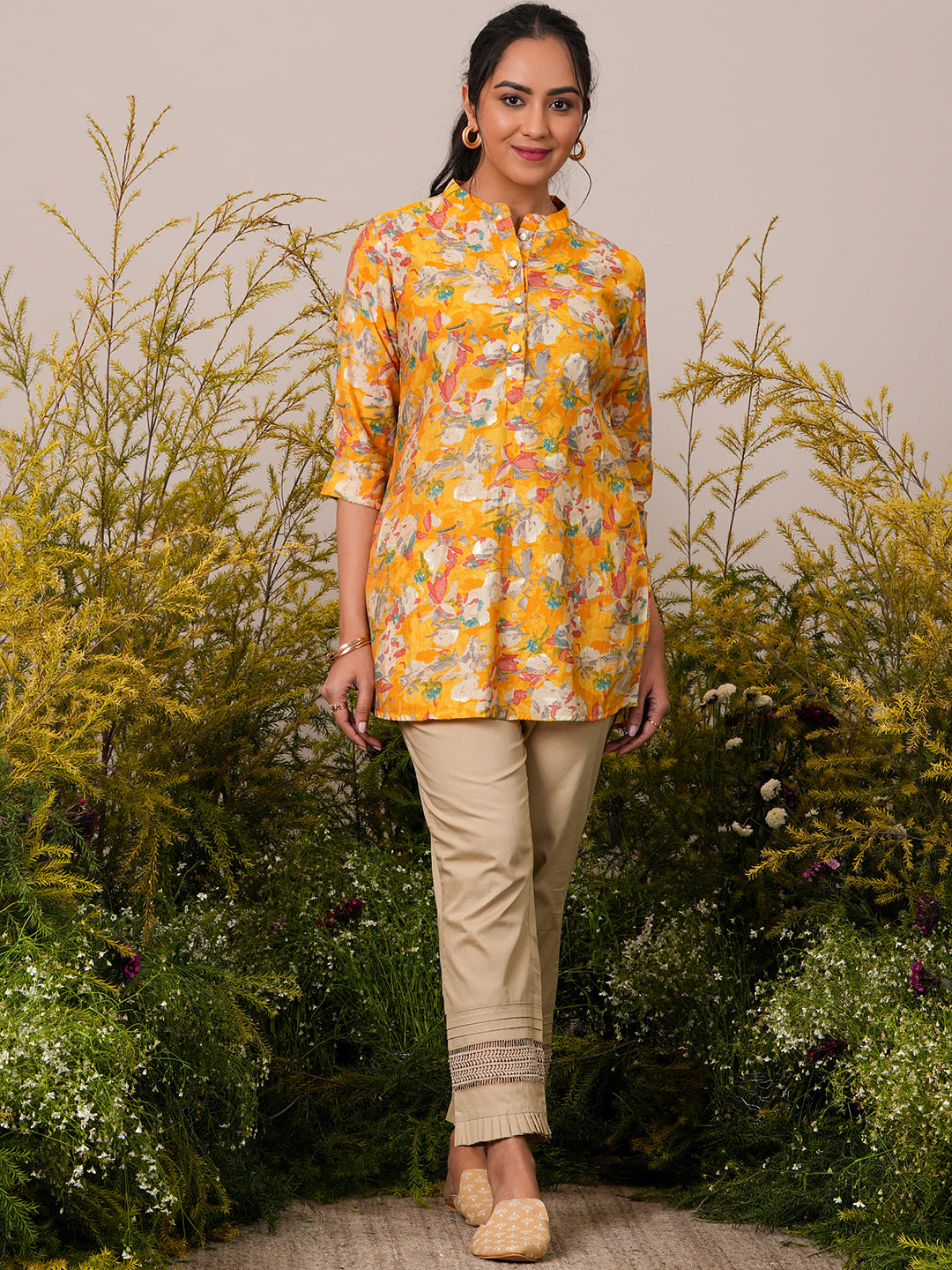 Libas Yellow Printed Silk Blend A-Line Kurti P23