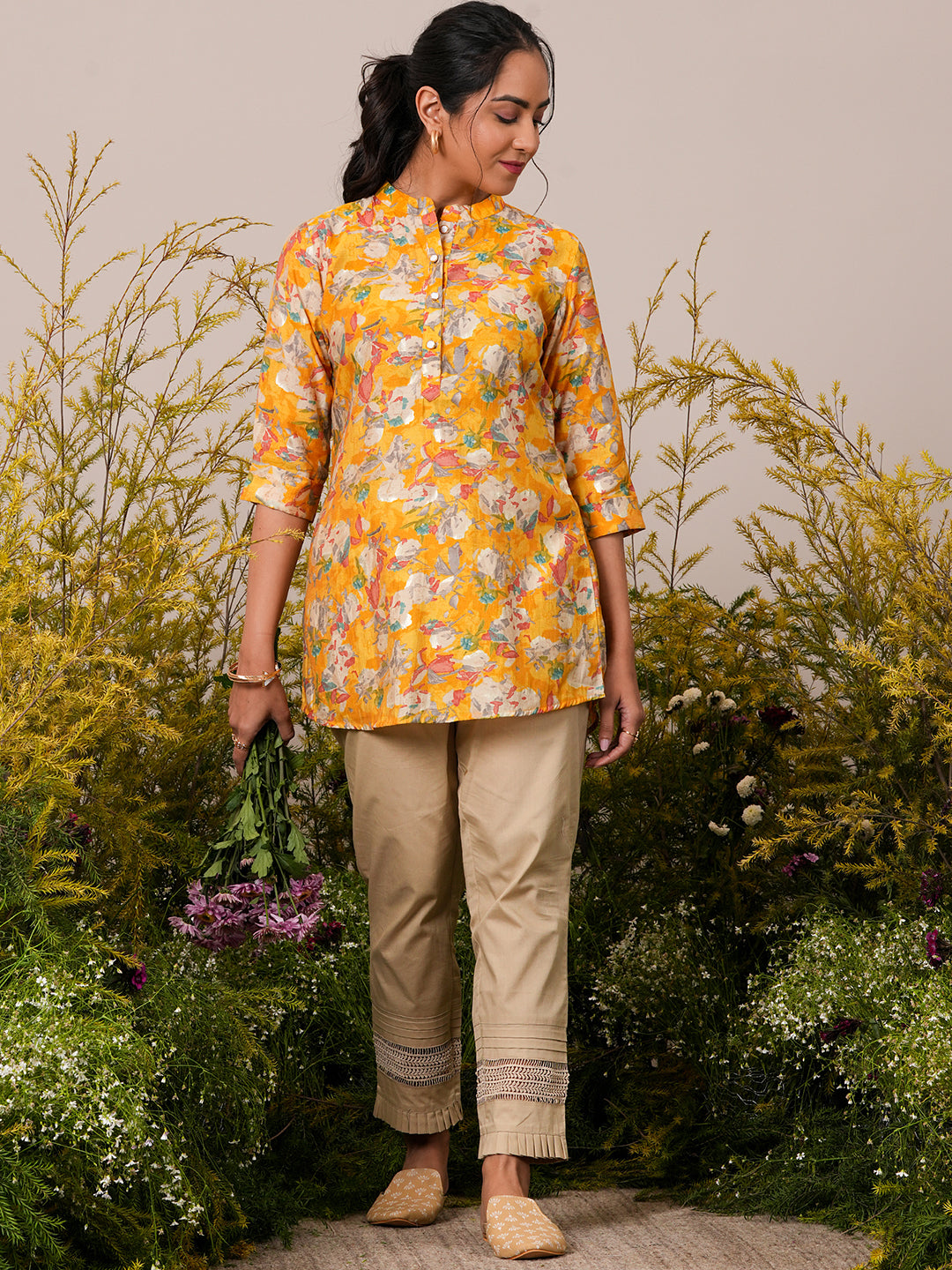 Libas Yellow Printed Silk Blend A-Line Kurti P23