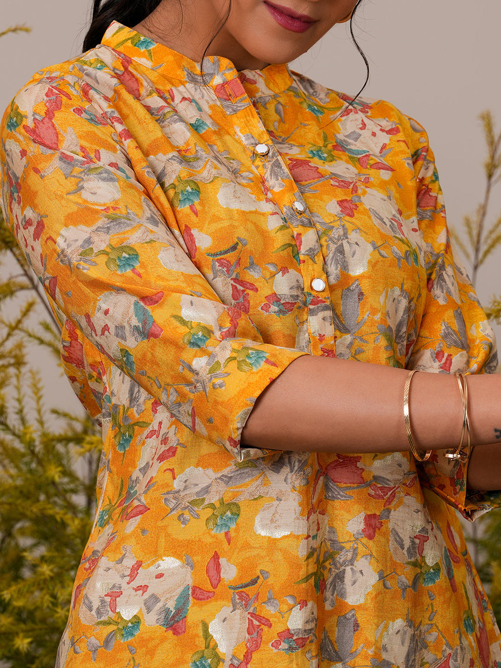 Libas Yellow Printed Silk Blend A-Line Kurti P23