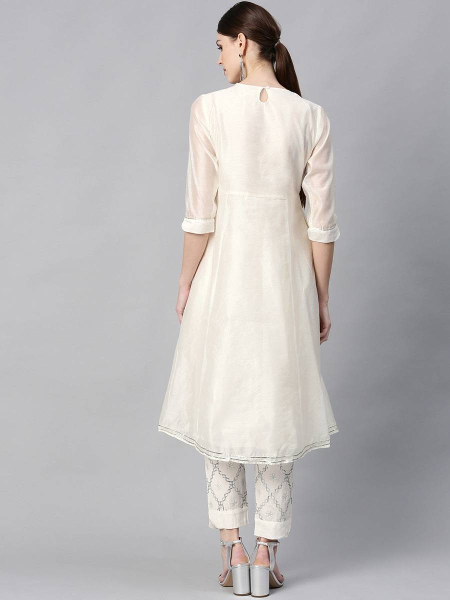 White Geometric Printed Chanderi A-Line Women Kurta with Mirror Work Embroidery | KDG - view 3