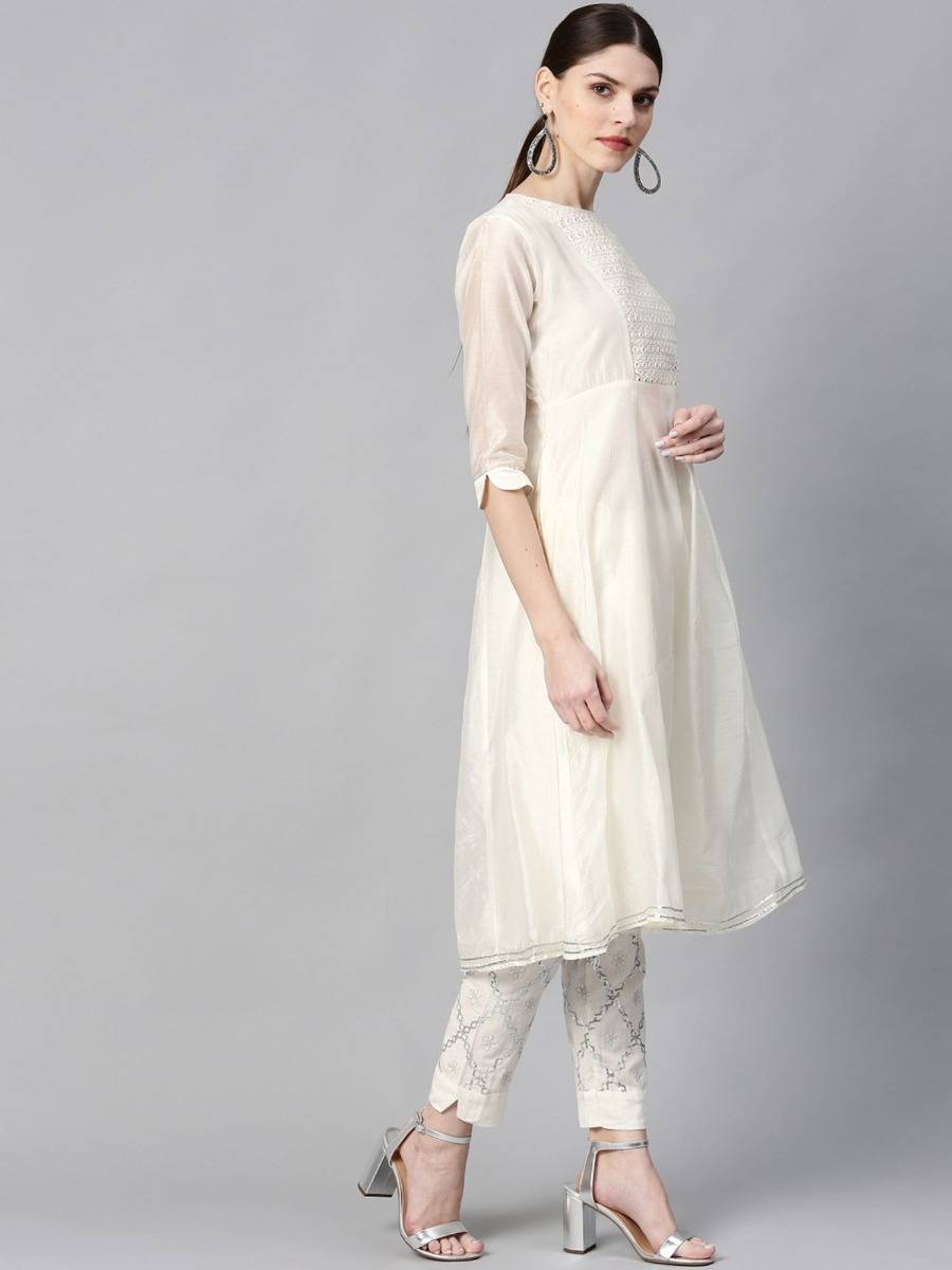 White Geometric Printed Chanderi A-Line Women Kurta with Mirror Work Embroidery | FY93 - view 4
