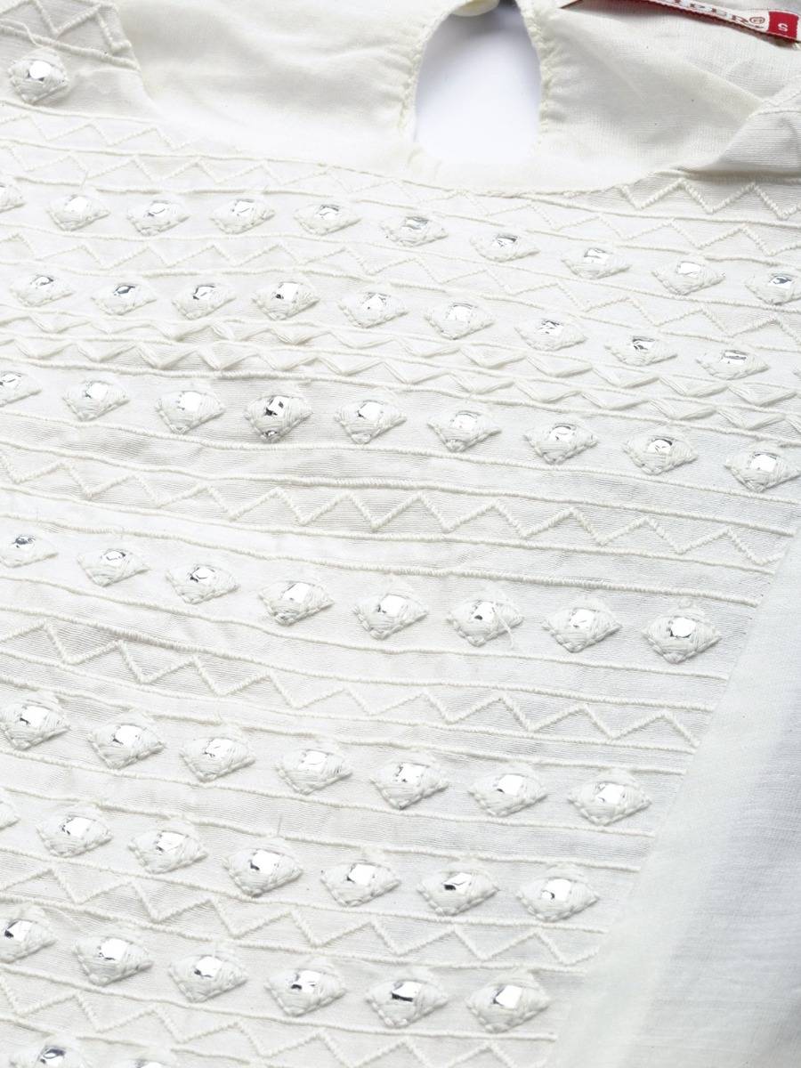 White Geometric Printed Chanderi A-Line Women Kurta with Mirror Work Embroidery | KDG - view 5