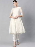 White Geometric Printed Chanderi A-Line Women Kurta with Mirror Work Embroidery | FY93 - view 1