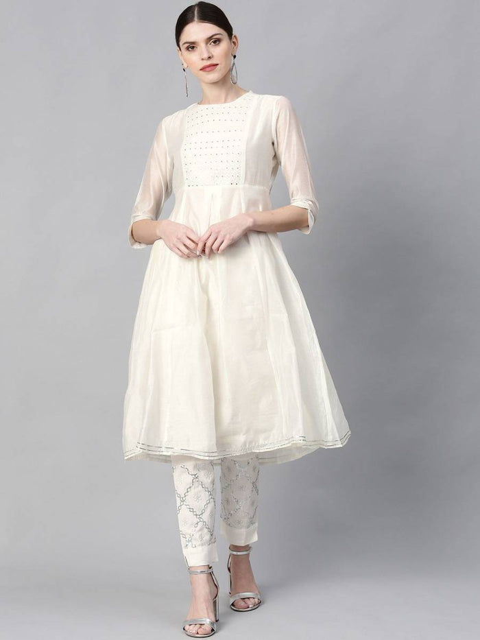 White Geometric Printed Chanderi A-Line Women Kurta with Mirror Work Embroidery | FY93 - view 1