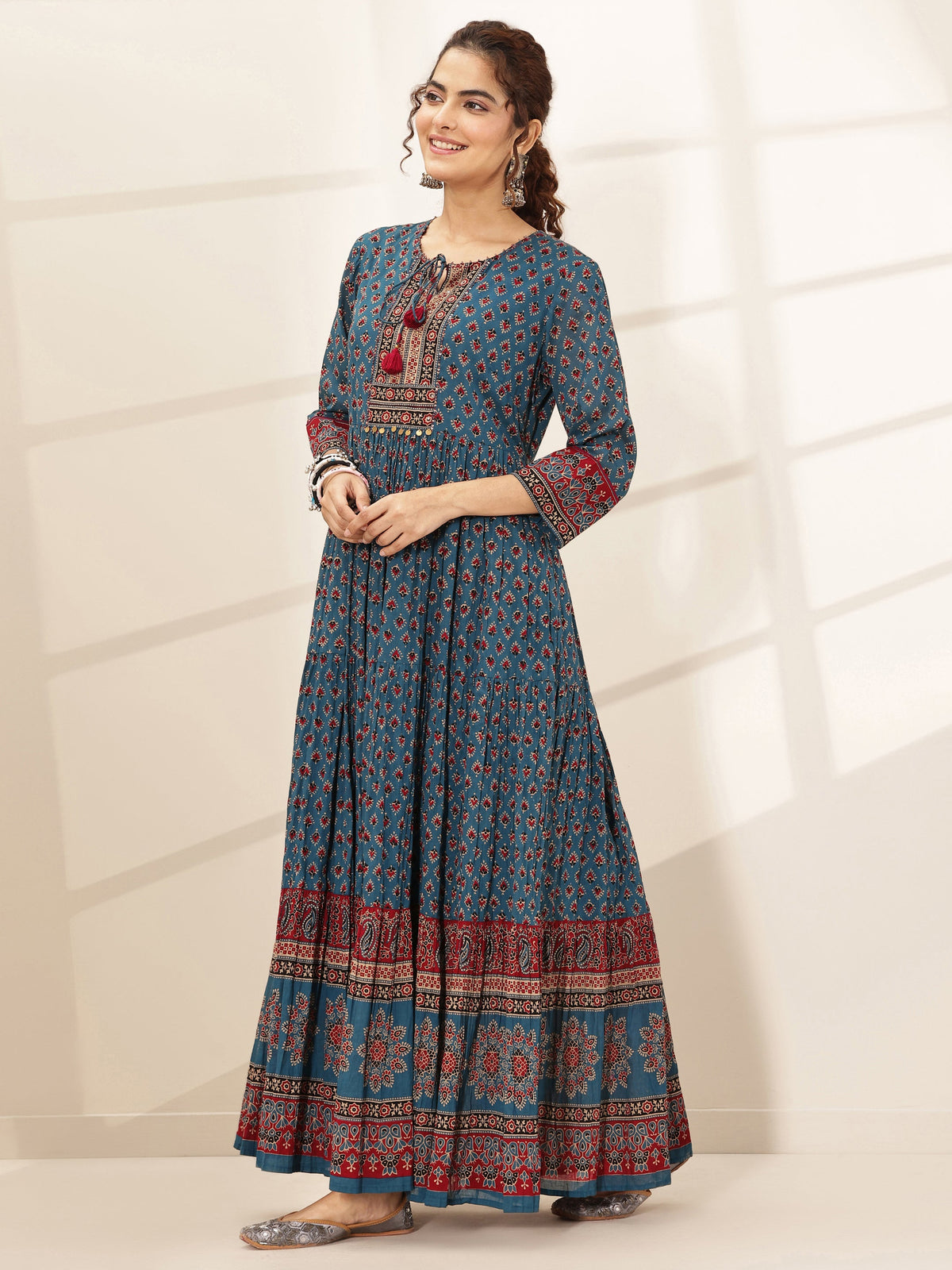 Libas Blue Printed Cotton Blend Fit and Flared One Piece Dress