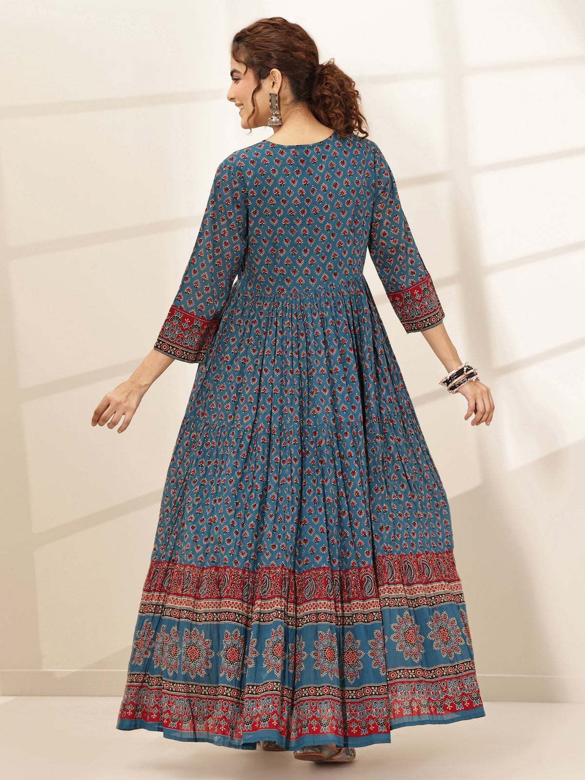 Libas Blue Printed Cotton Blend Fit and Flared One Piece Dress