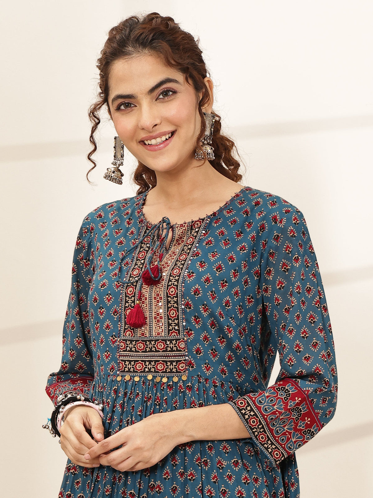 Libas Blue Printed Cotton Blend Fit and Flared One Piece Dress