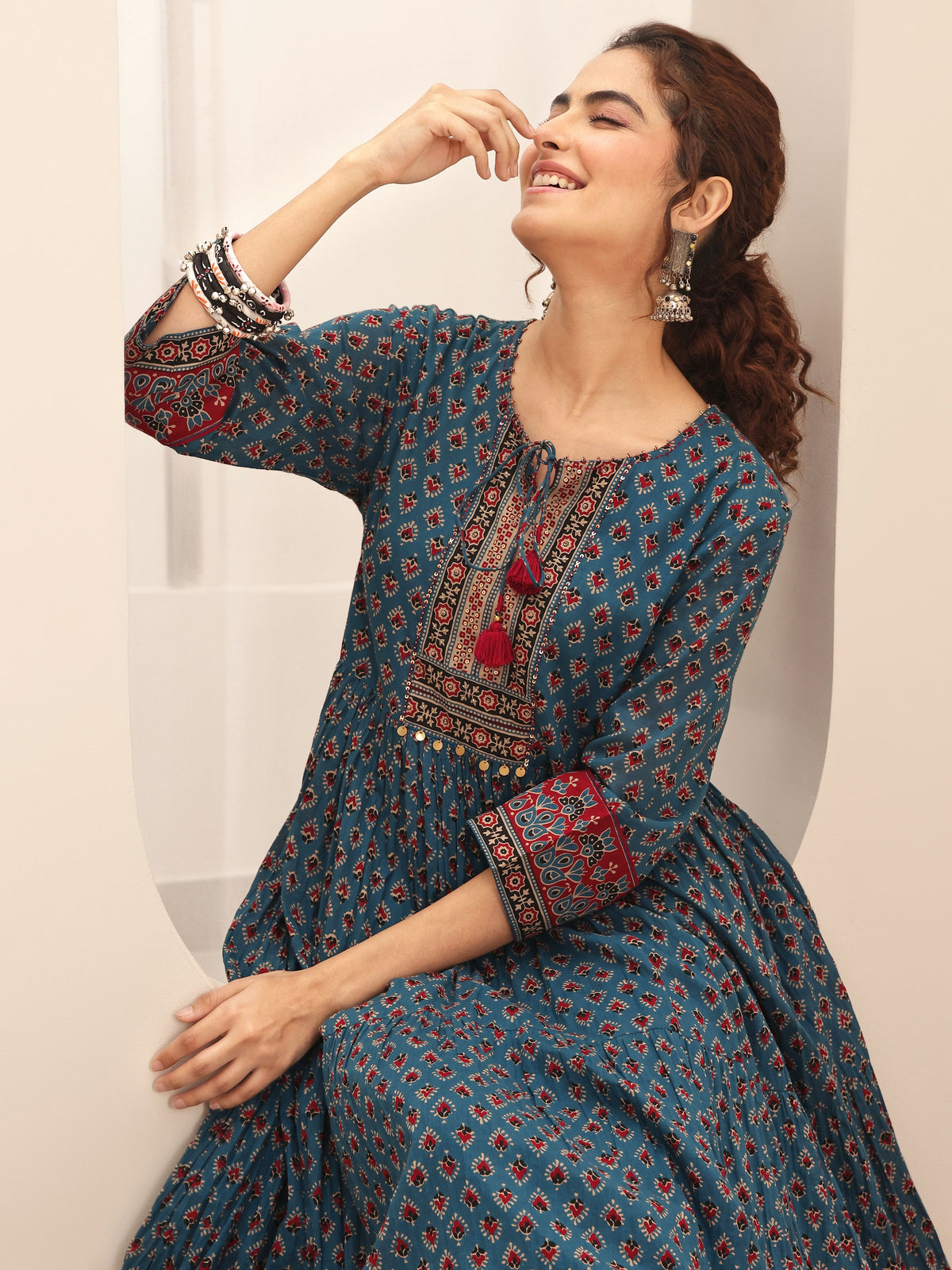 Libas Blue Printed Cotton Blend Fit and Flared One Piece Dress