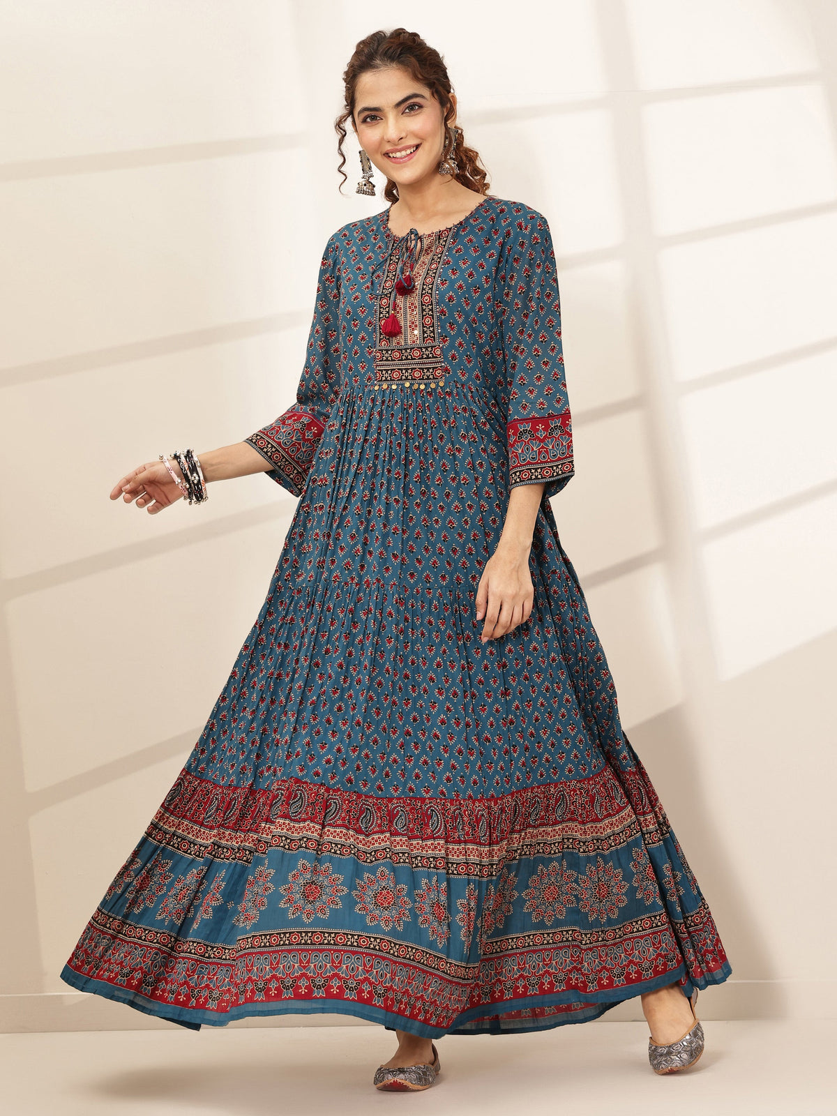 Libas Blue Printed Cotton Blend Fit and Flared One Piece Dress