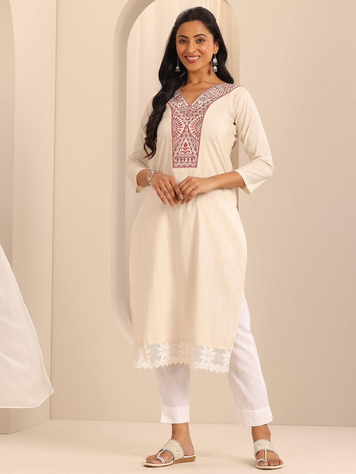 Gerua Off White Yoke Design Cotton Blend Straight Kurta