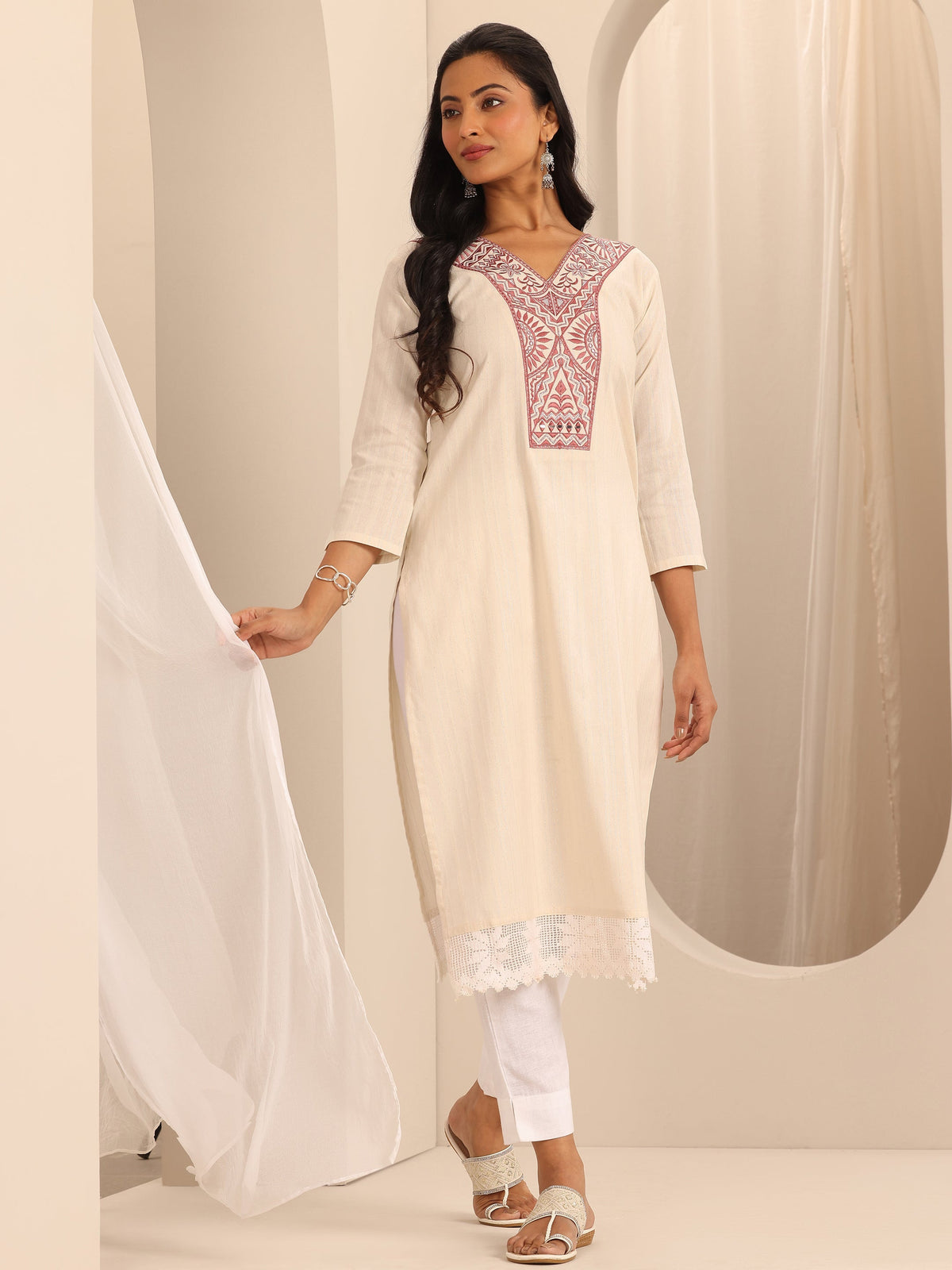 Gerua Off White Yoke Design Cotton Blend Straight Kurta