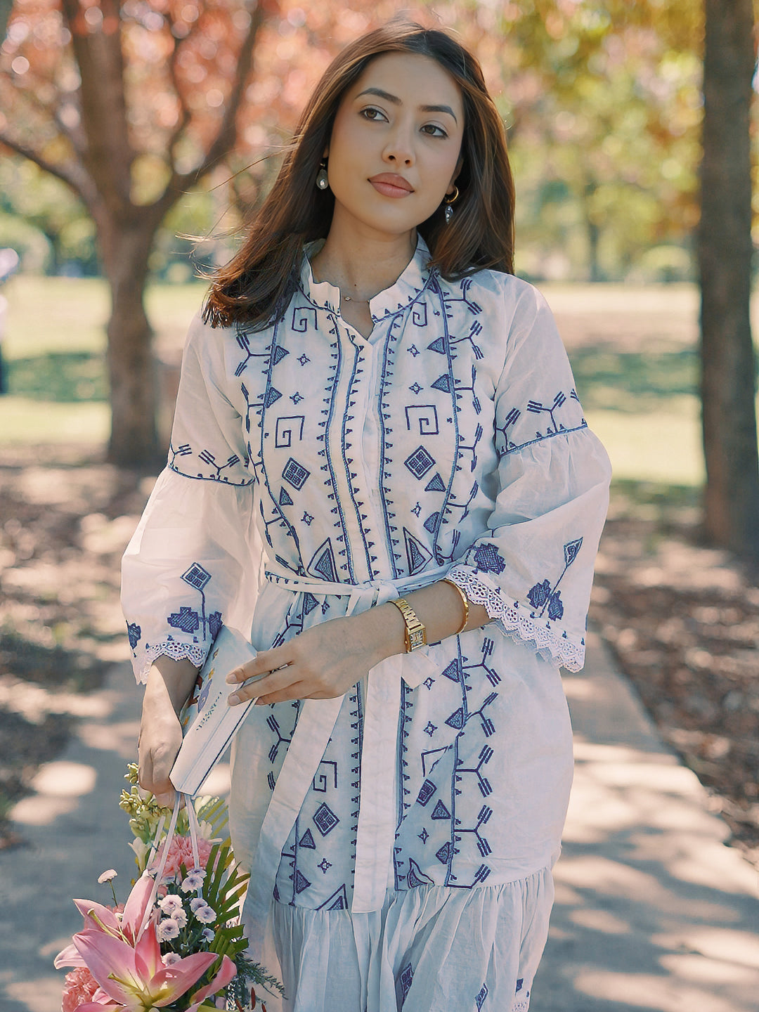 Libas White Printed Cotton A-Line One Piece Dress