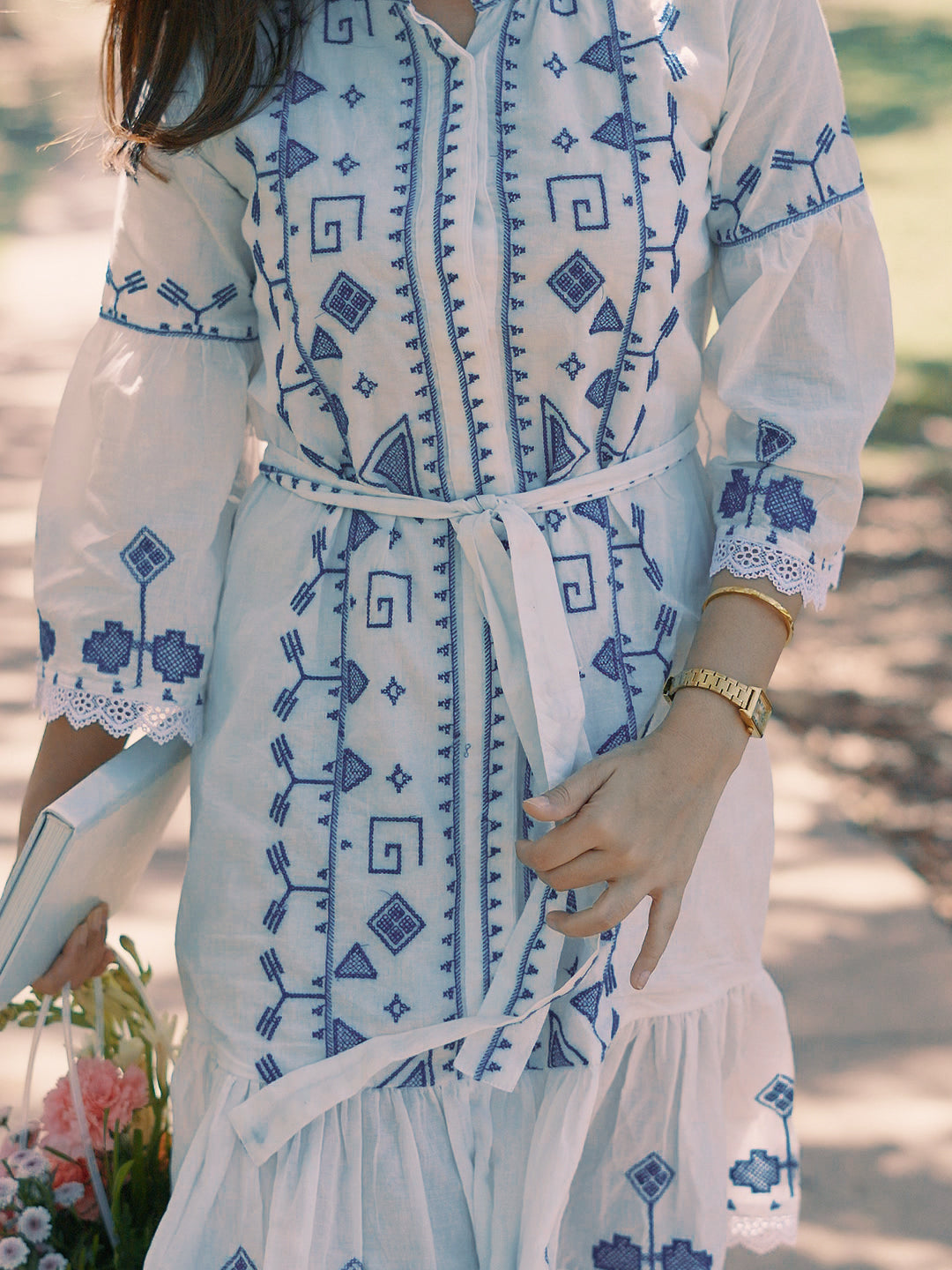 Libas White Printed Cotton A-Line One Piece Dress