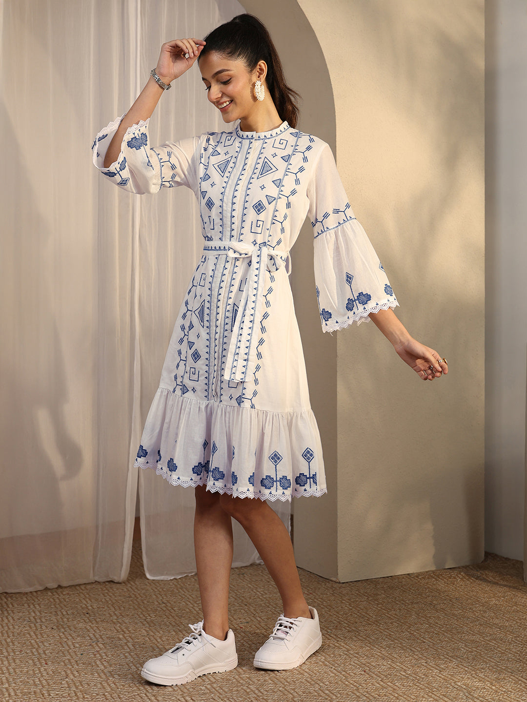 Libas White Printed Cotton A-Line One Piece Dress