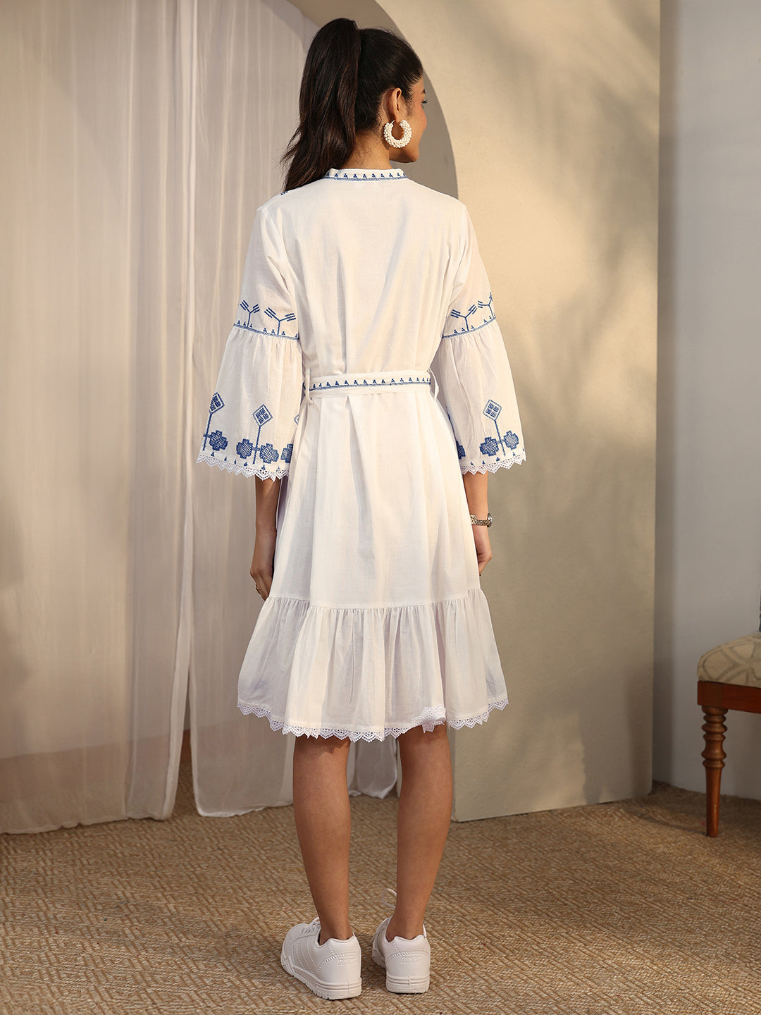 Libas White Printed Cotton A-Line One Piece Dress