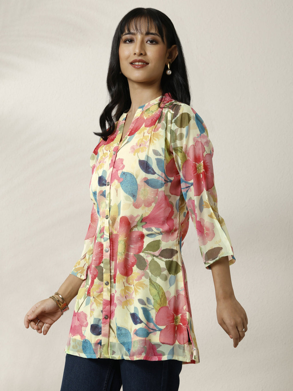Libas Off White Printed Chiffon Straight Short Kurti