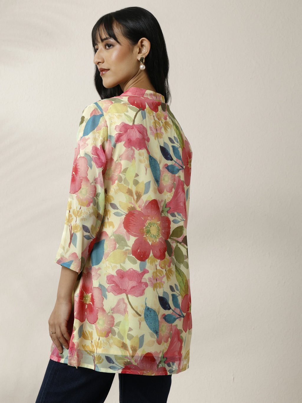 Libas Off White Printed Chiffon Straight Short Kurti