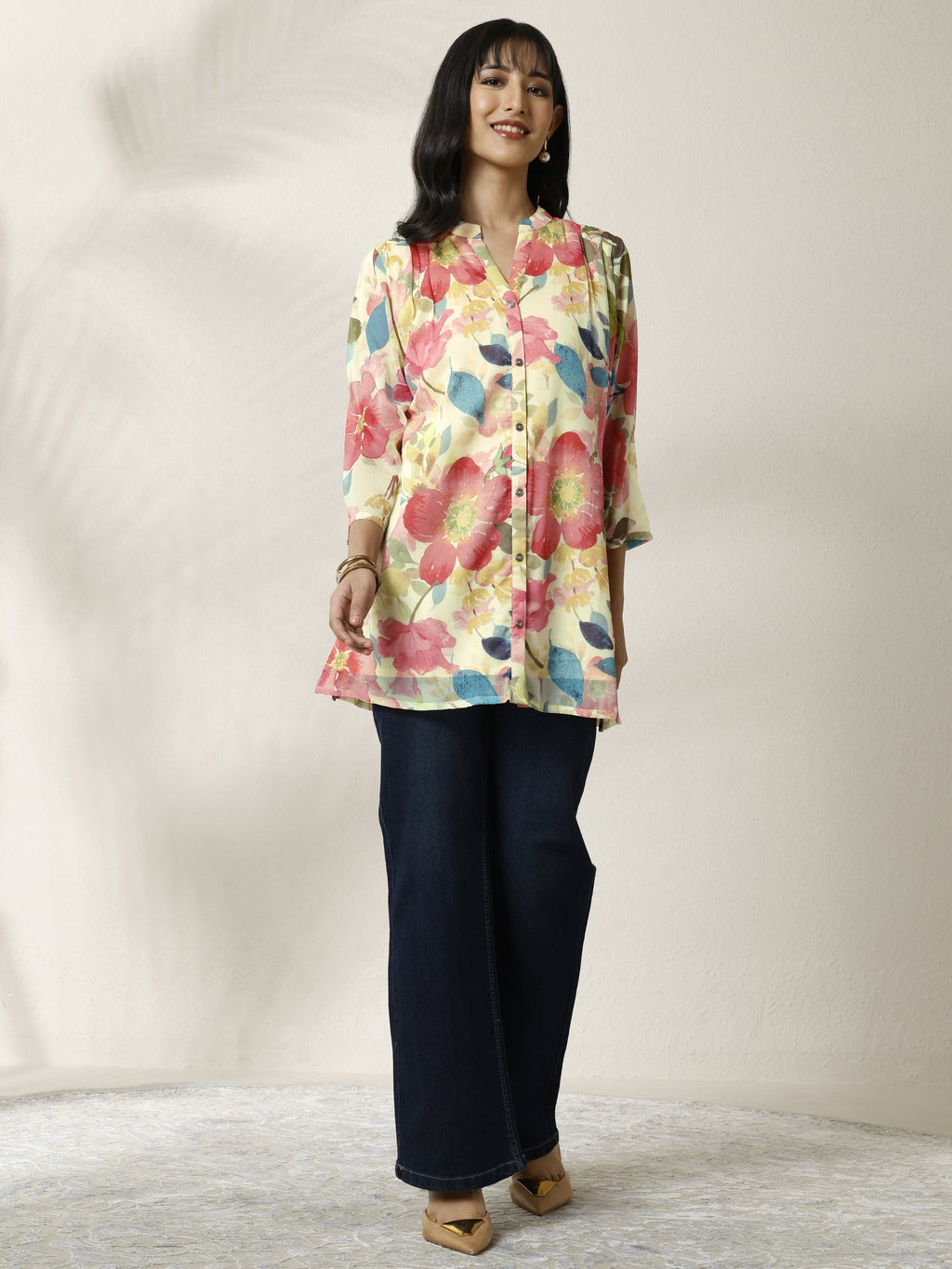 Libas Off White Printed Chiffon Straight Short Kurti