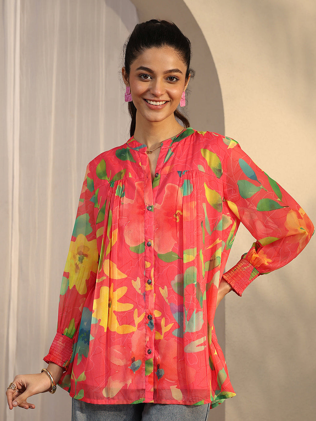 Libas Coral Printed Chiffon A-Line Shirt