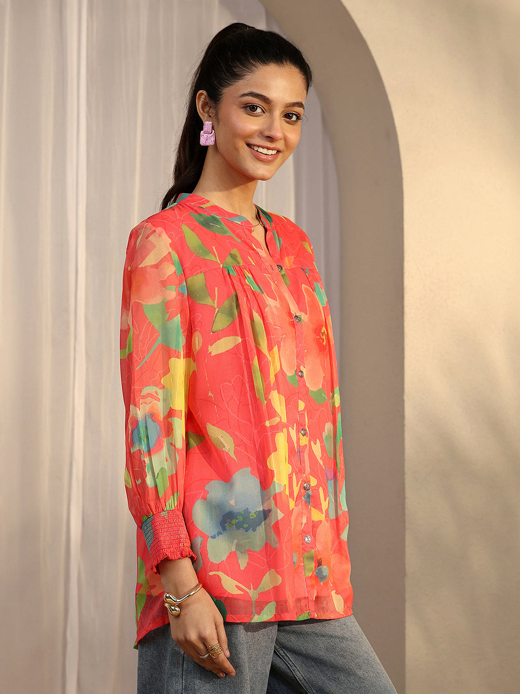 Libas Coral Printed Chiffon A-Line Shirt