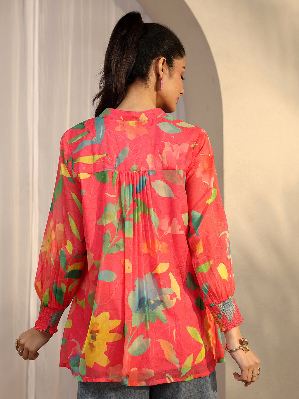 Libas Coral Printed Chiffon A-Line Shirt