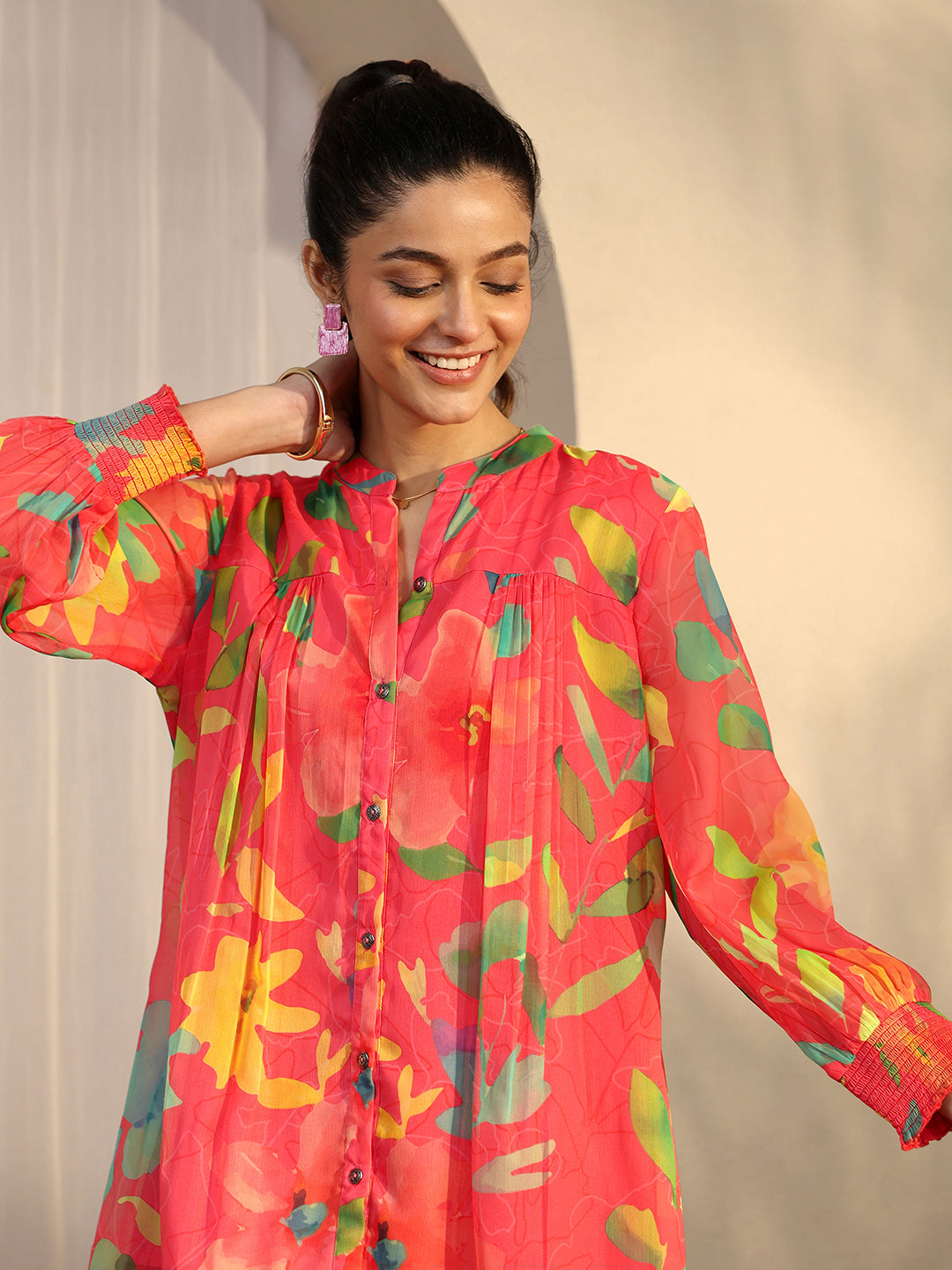 Libas Coral Printed Chiffon A-Line Shirt