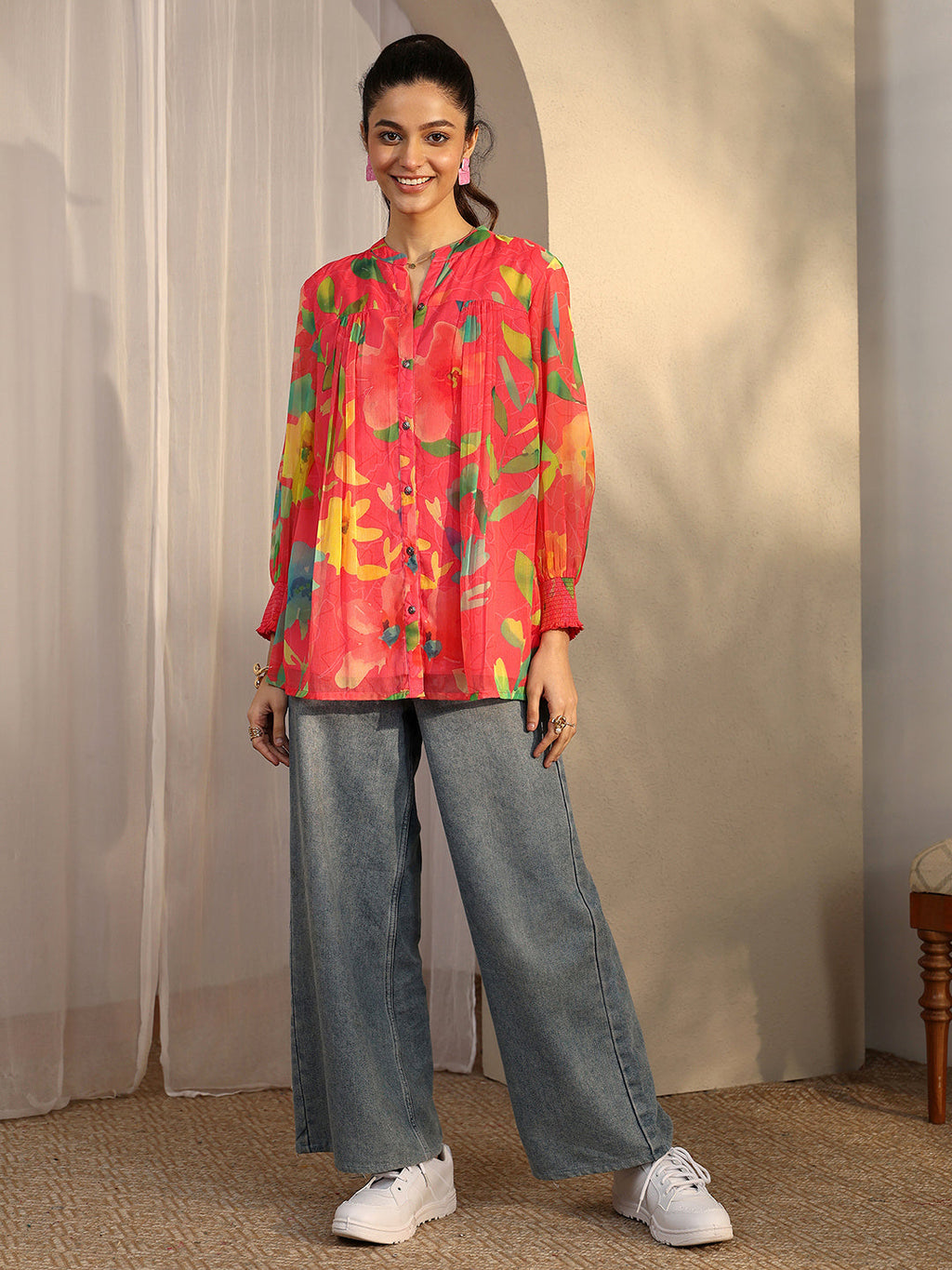 Libas Coral Printed Chiffon A-Line Shirt