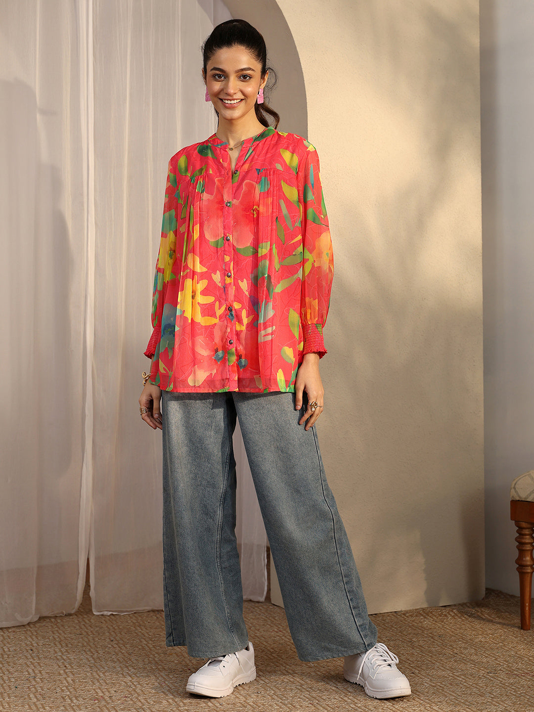 Libas Coral Printed Chiffon A-Line Shirt