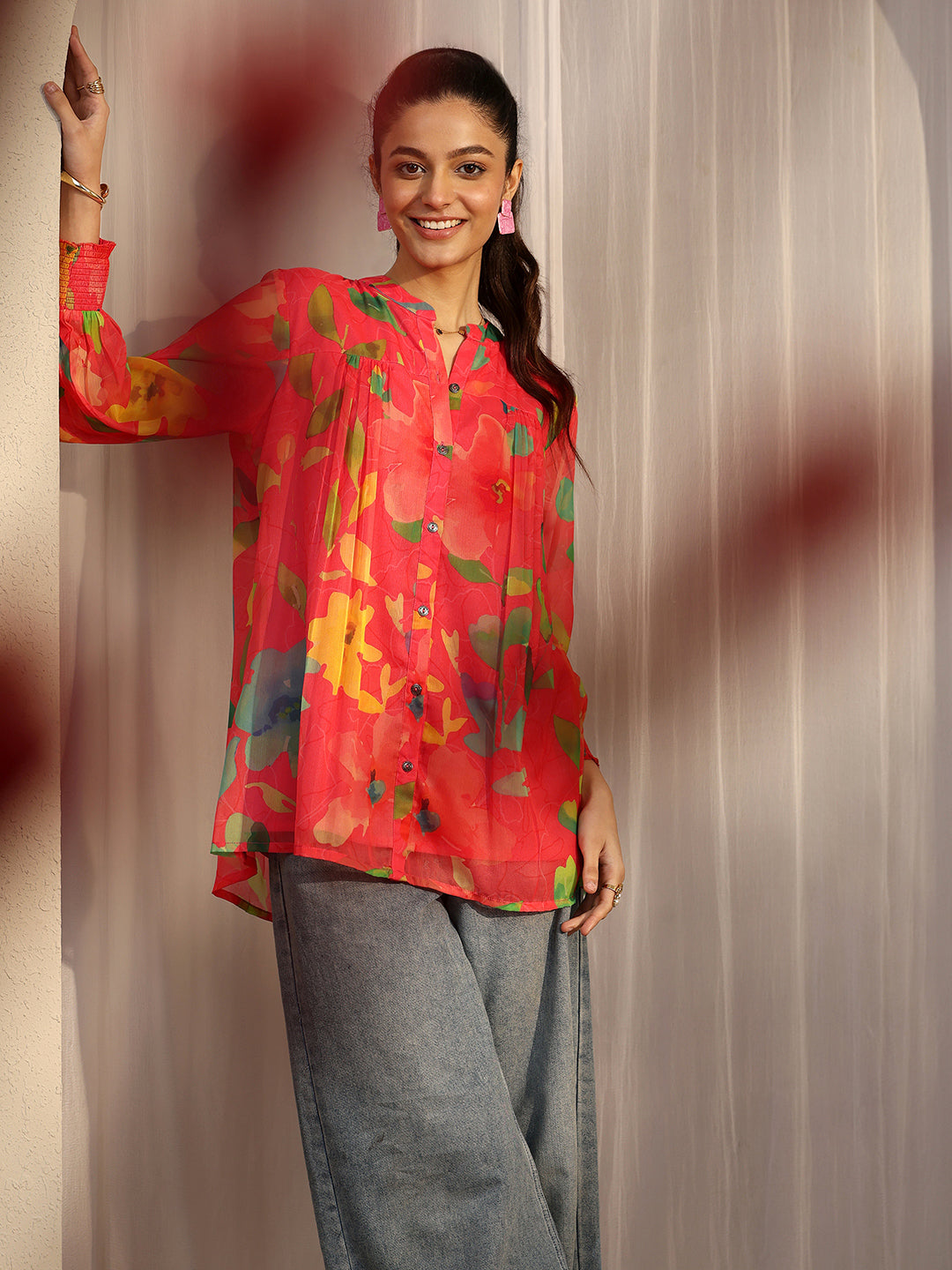 Libas Coral Printed Chiffon A-Line Shirt