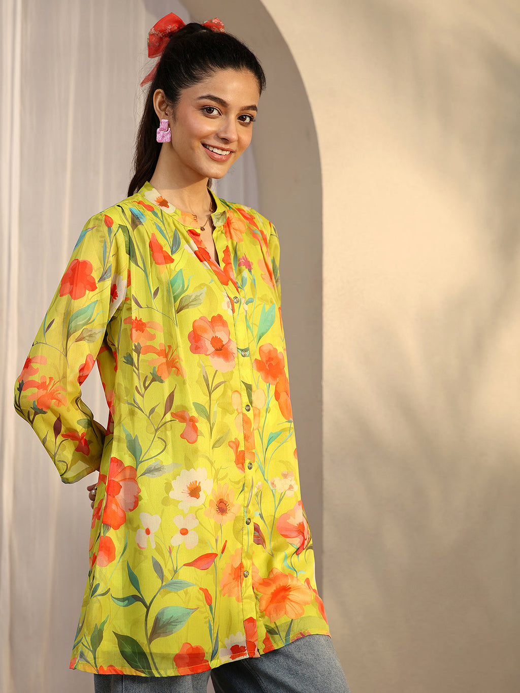 Libas Mustard Printed Chiffon Straight Shirt