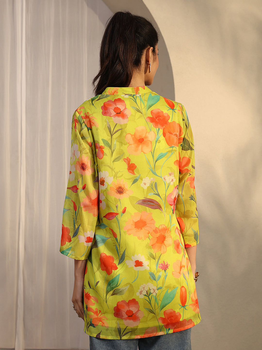 Libas Mustard Printed Chiffon Straight Shirt