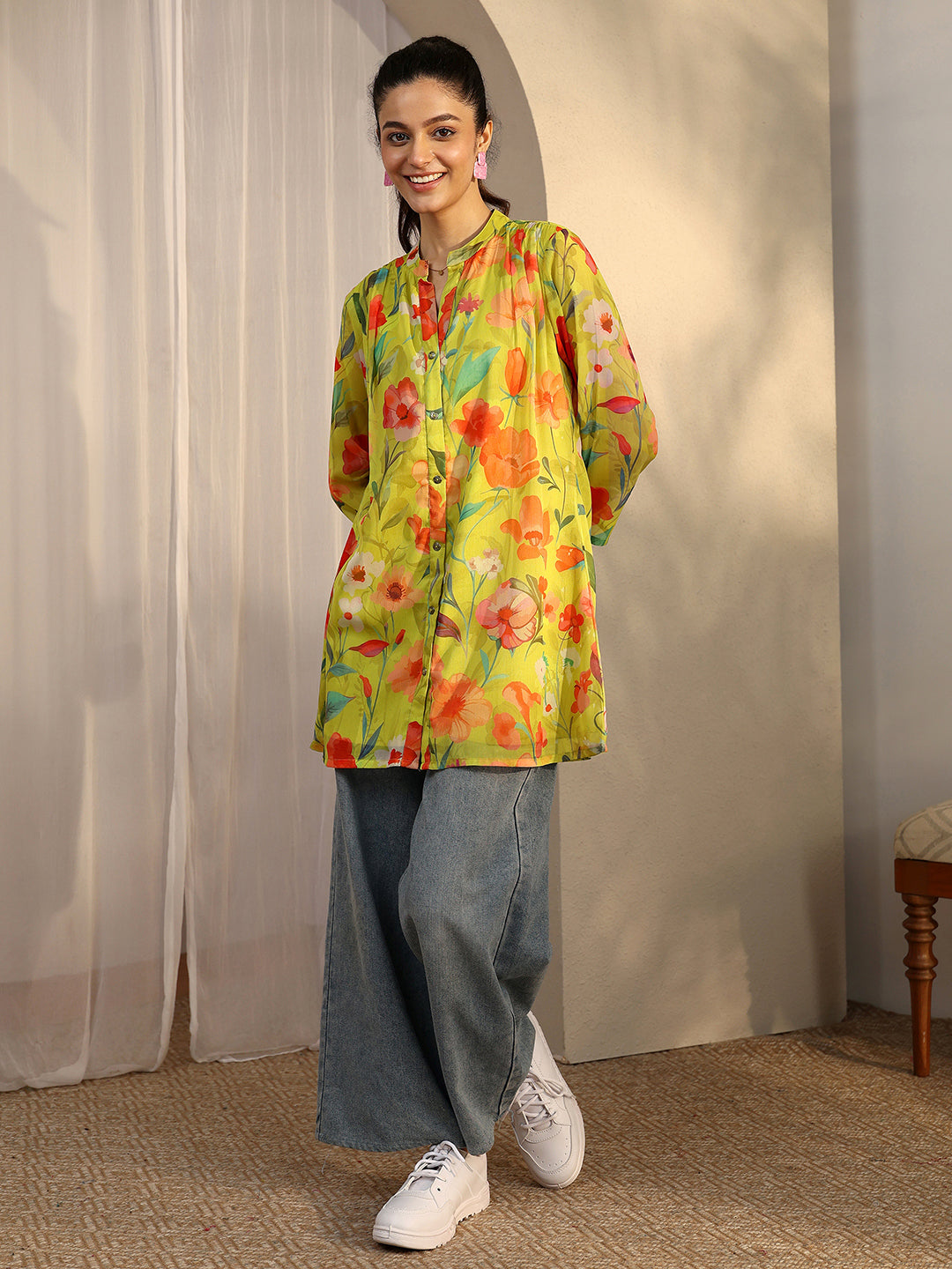Libas Mustard Printed Chiffon Straight Shirt