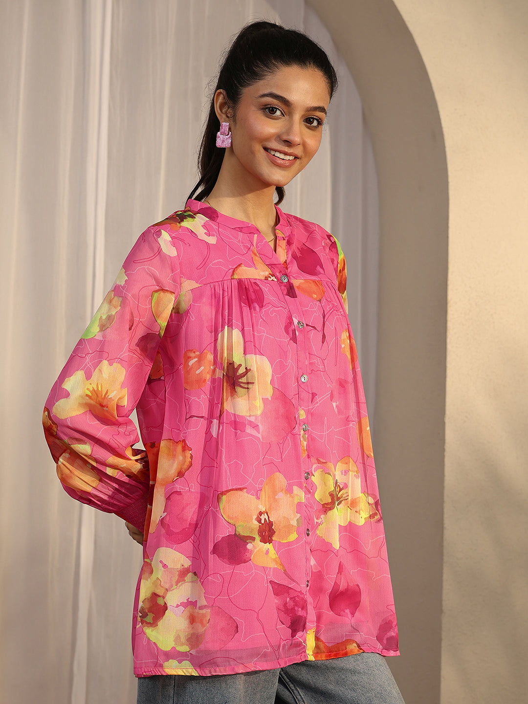 Libas Pink Printed Chiffon Straight Shirt