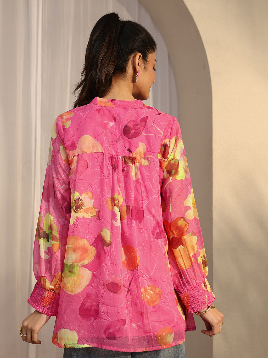Libas Pink Printed Chiffon Straight Shirt