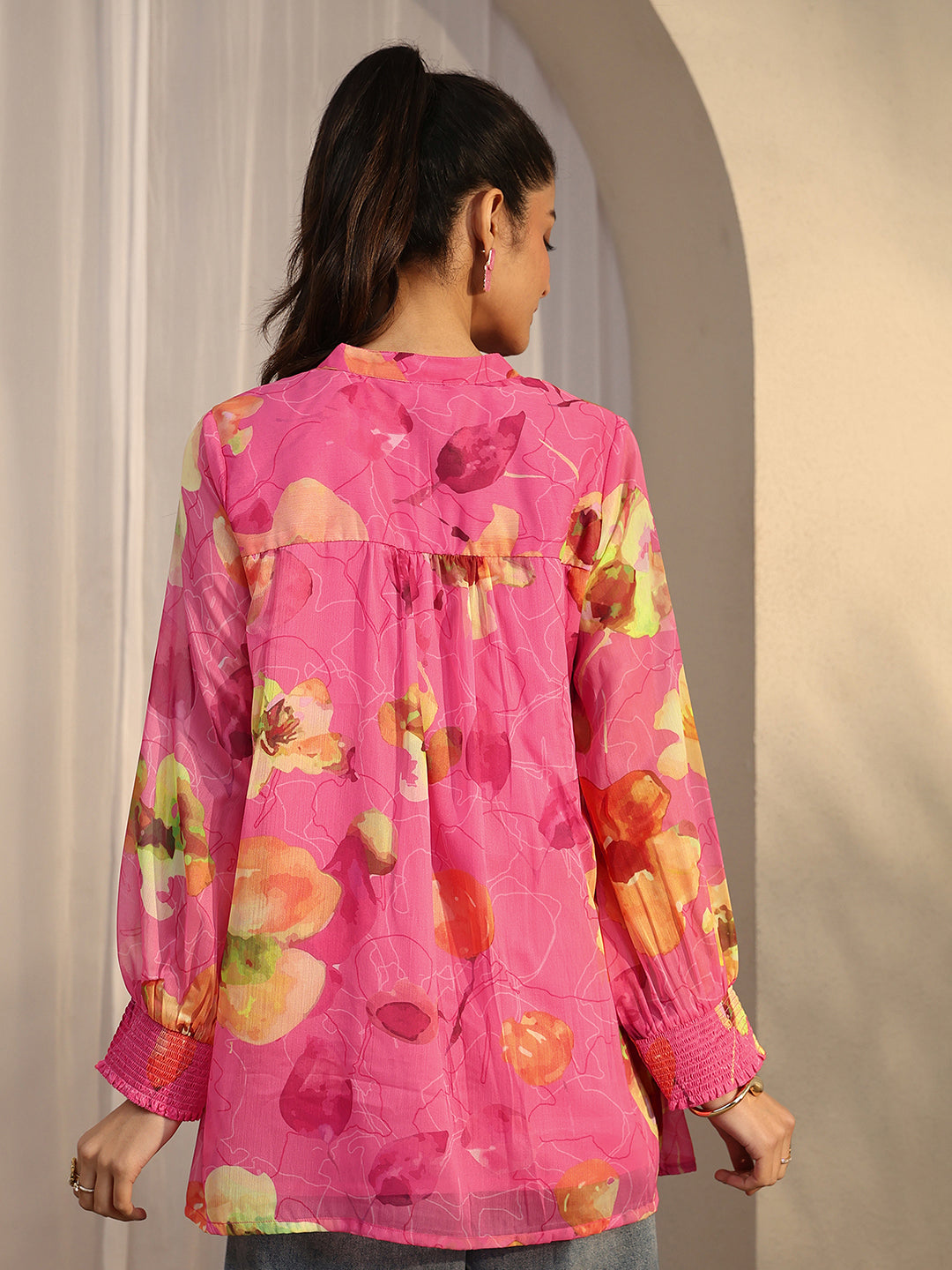 Libas Pink Printed Chiffon Straight Shirt