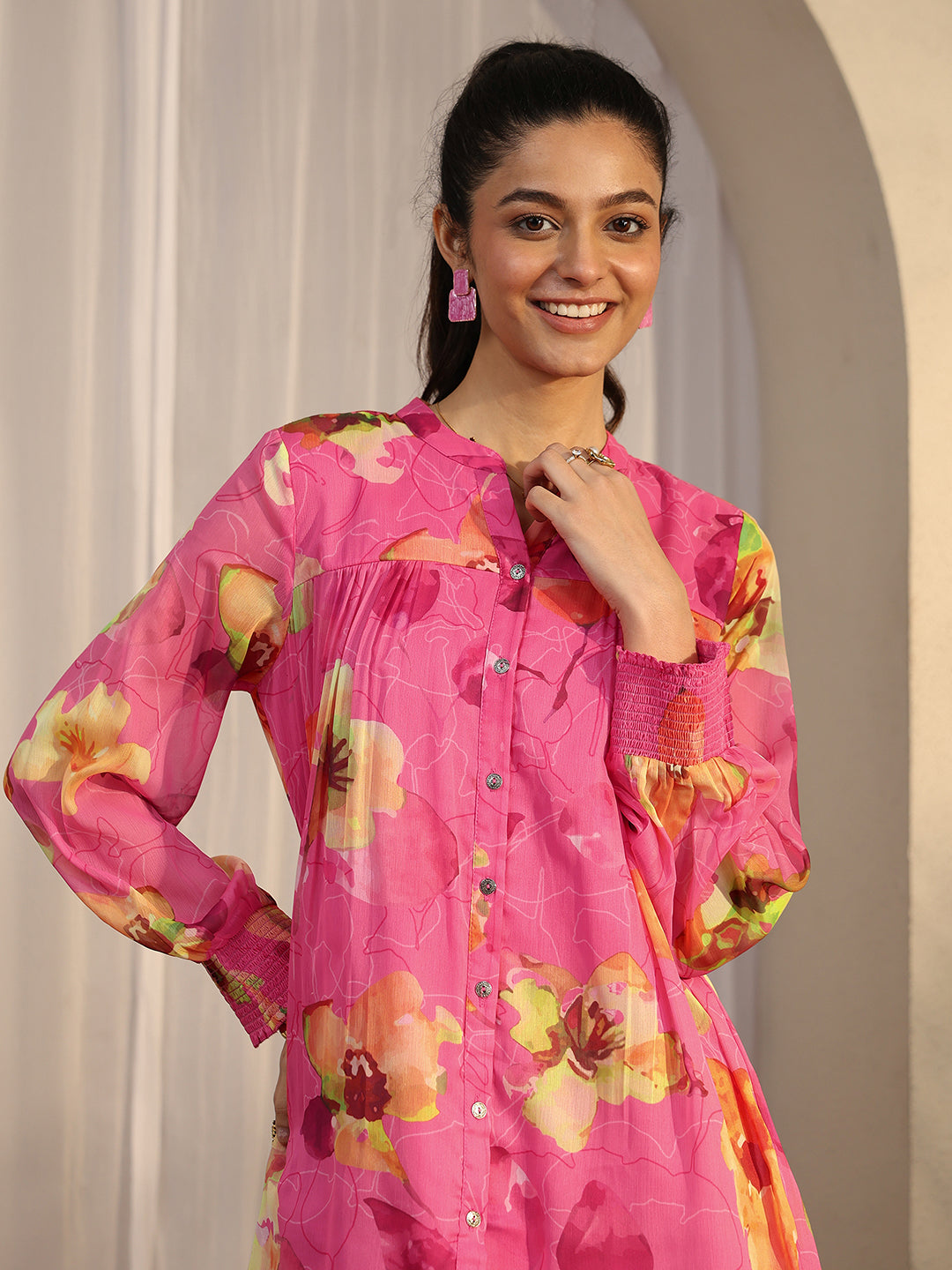 Libas Pink Printed Chiffon Straight Shirt